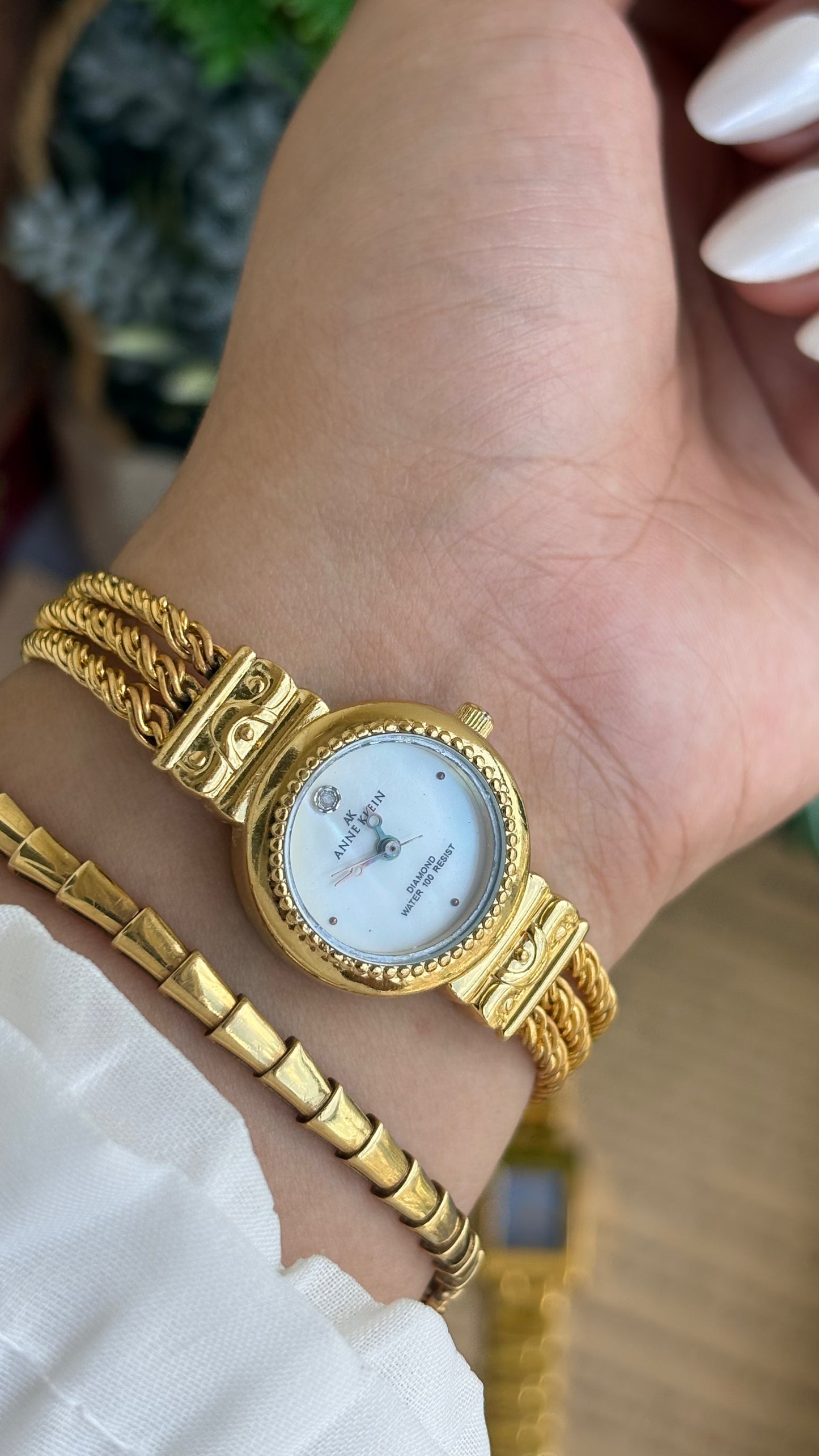 Extremely Rare Vintage Anne Klein Watch in Gold Tone with Genuine Diamond Mother of Pearl Dial