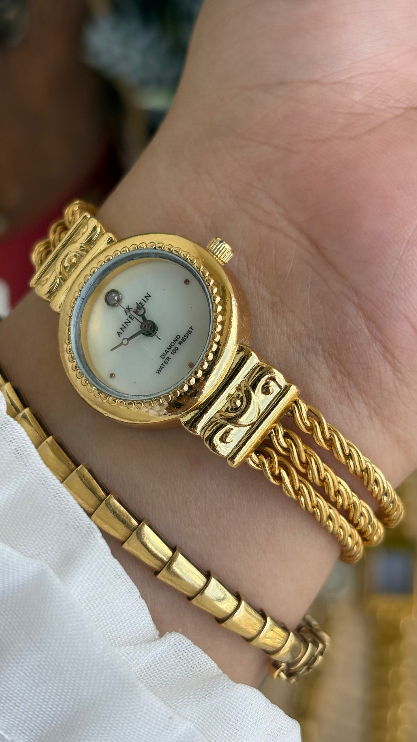 Extremely Rare Vintage Anne Klein Watch in Gold Tone with Genuine Diamond Mother of Pearl Dial