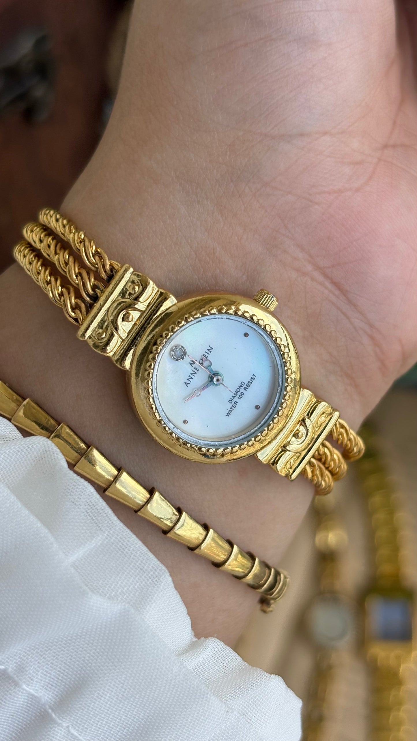 Extremely Rare Vintage Anne Klein Watch in Gold Tone with Genuine Diamond Mother of Pearl Dial