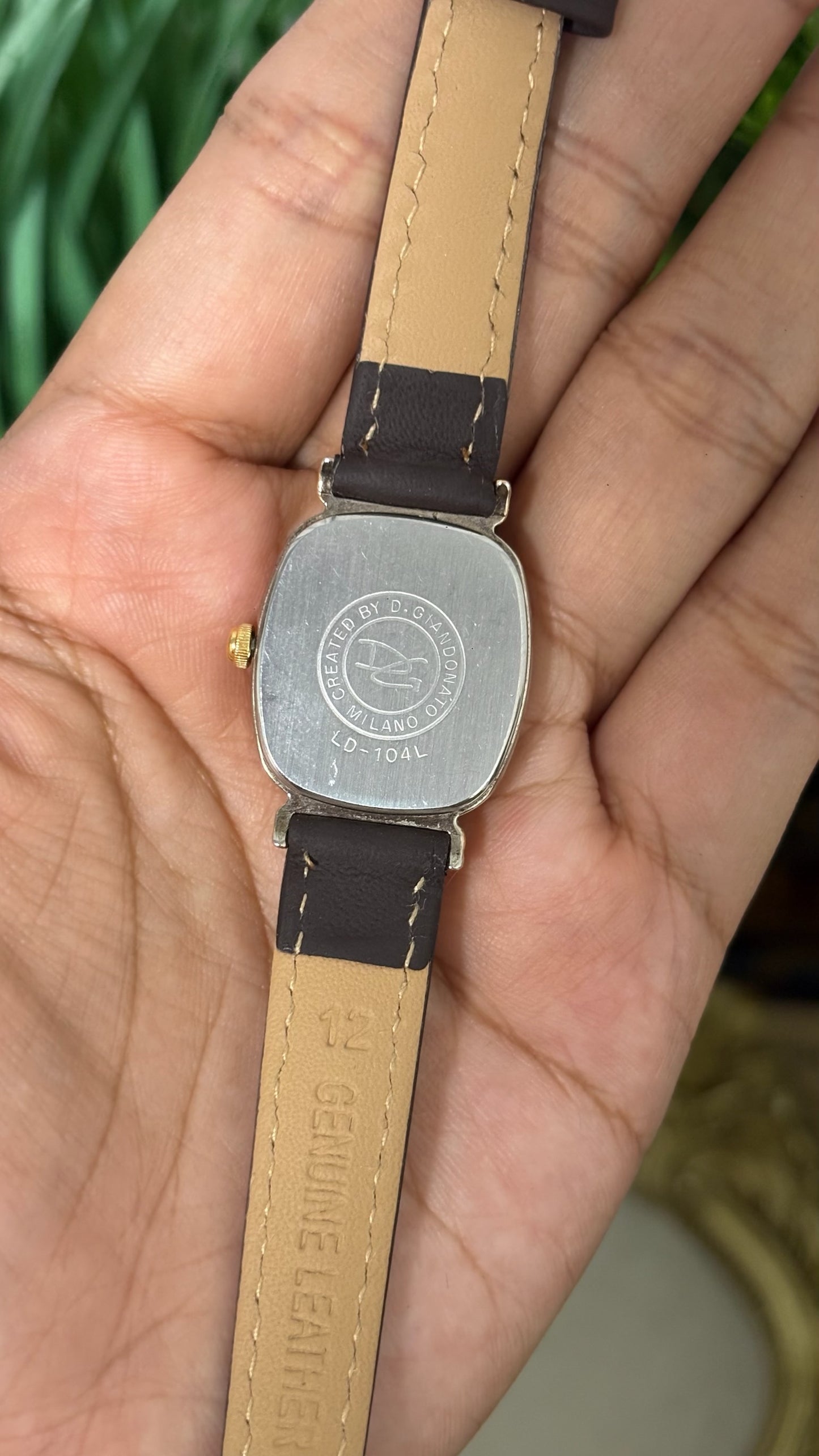 Vintage Giandonato Milano Square Cushion Watch with White Dial Two-Tone Silver and Gold Bezel Sub-Second Subdial and Dark Brown Leather Strap Quartz