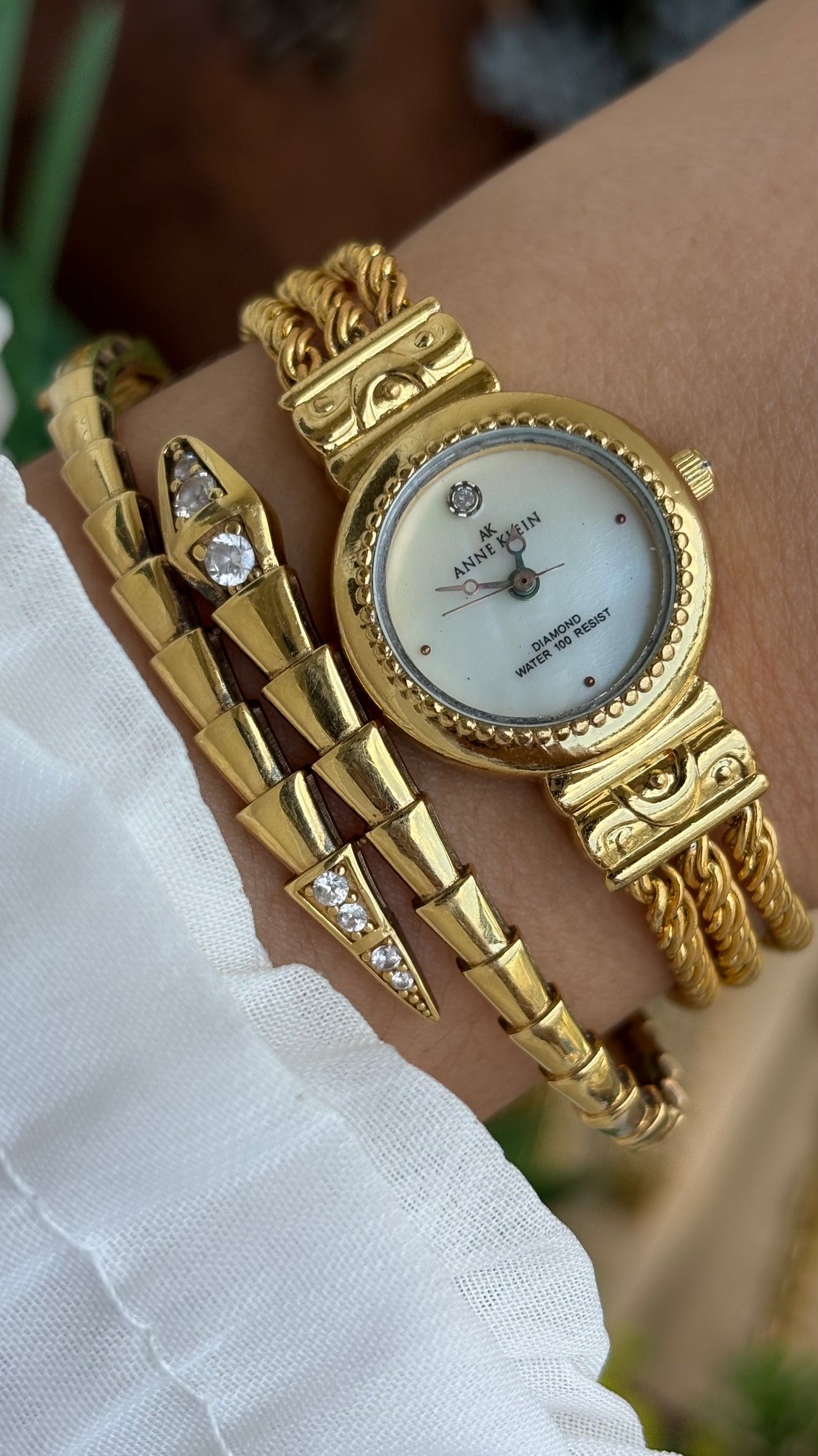 Extremely Rare Vintage Anne Klein Watch in Gold Tone with Genuine Diamond Mother of Pearl Dial