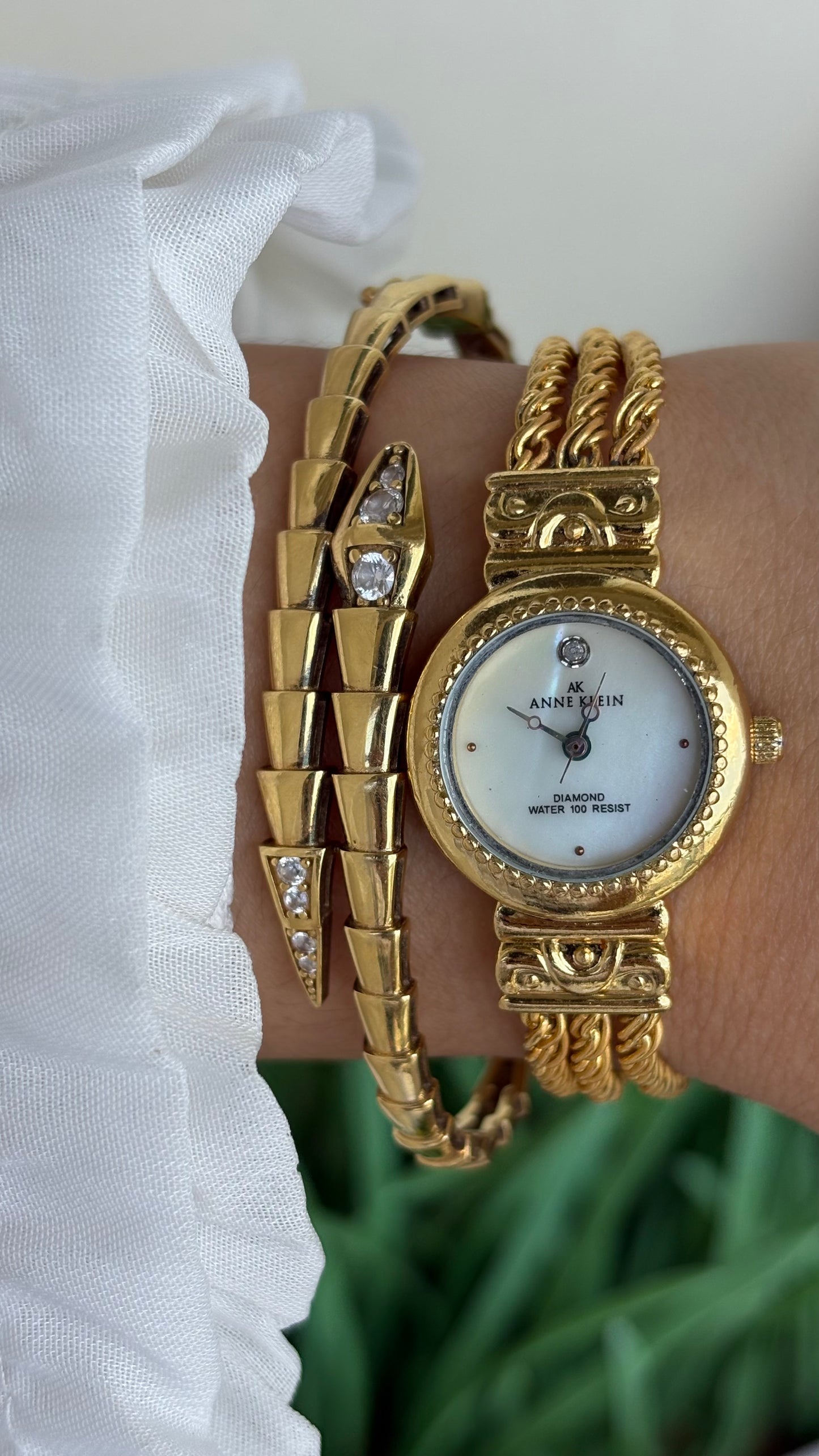 Extremely Rare Vintage Anne Klein Watch in Gold Tone with Genuine Diamond Mother of Pearl Dial