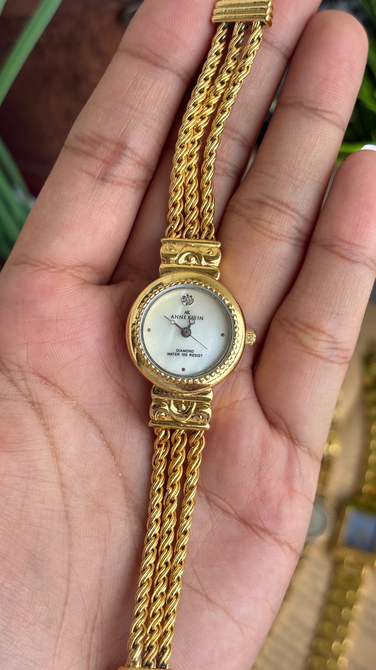 Extremely Rare Vintage Anne Klein Watch in Gold Tone with Genuine Diamond Mother of Pearl Dial
