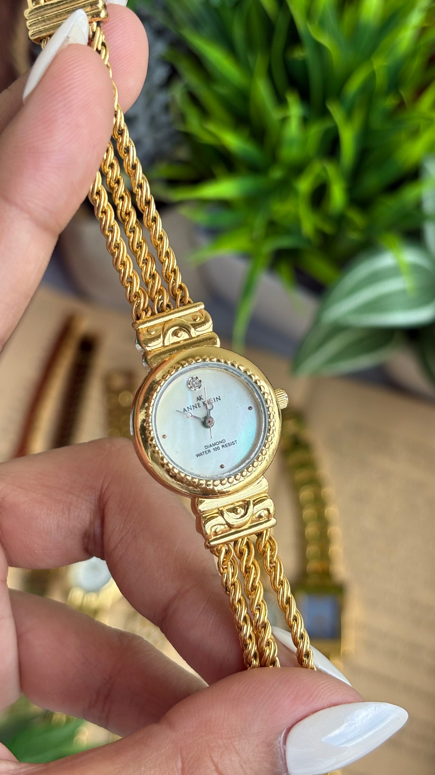 Extremely Rare Vintage Anne Klein Watch in Gold Tone with Genuine Diamond Mother of Pearl Dial