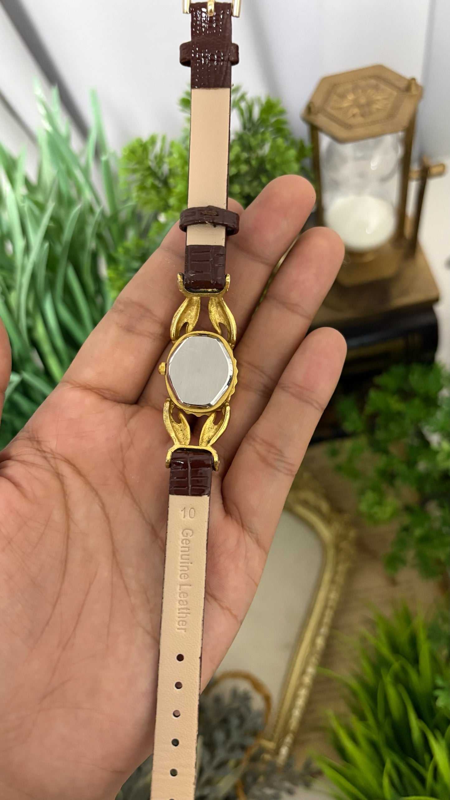 Vintage La Belle Oval Watch with Gold Tone Dial Crystal Halo Bezel Ornate Hands Shape Case Accents and Crystal Set Bow End Links Quartz