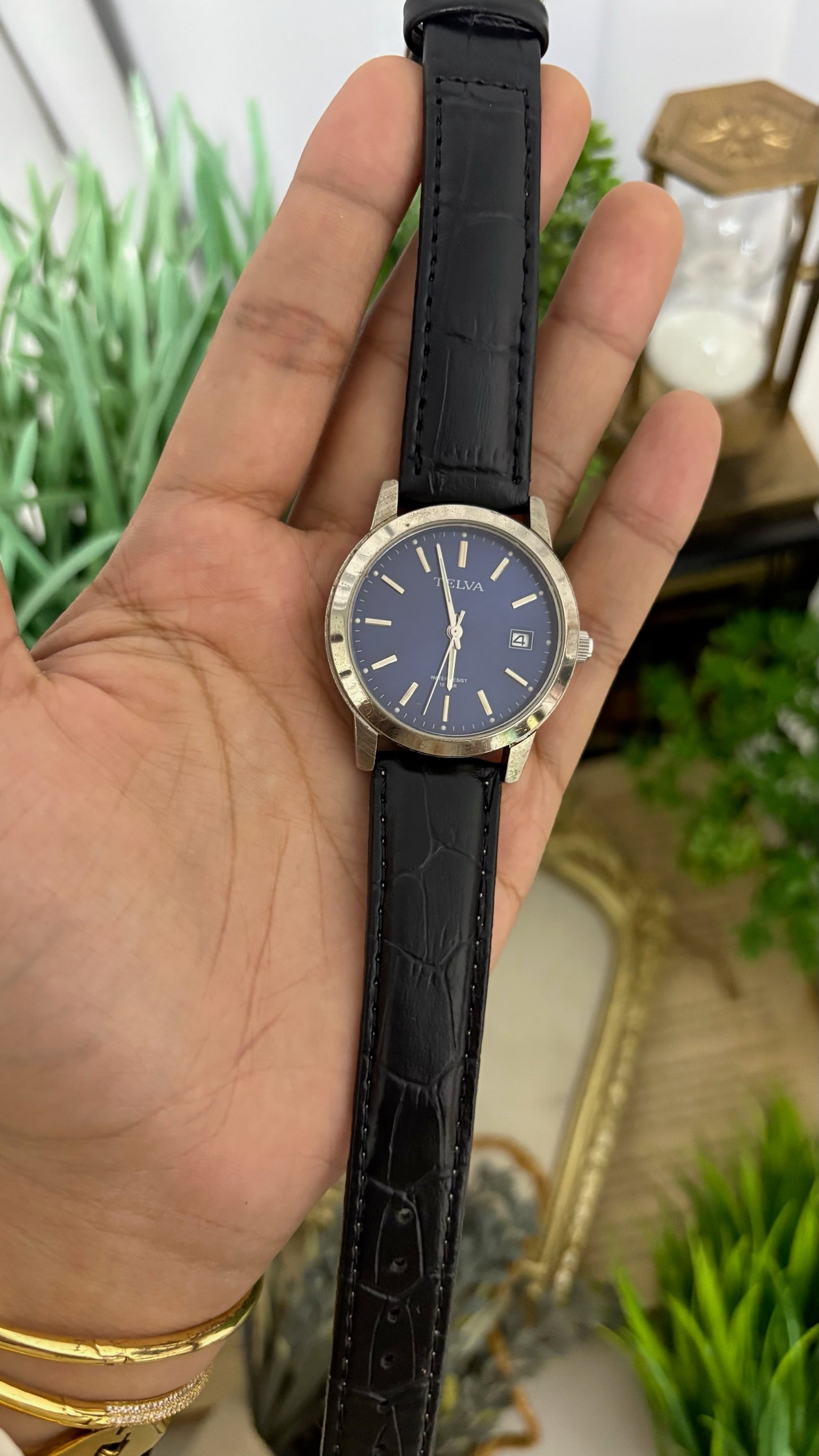Vintage Telva Mens Round Watch with Navy Blue Dial Silver Tone Stick Markers Date Window Polished Silver Tone Case and Black Croc Embossed Leather Strap Quartz