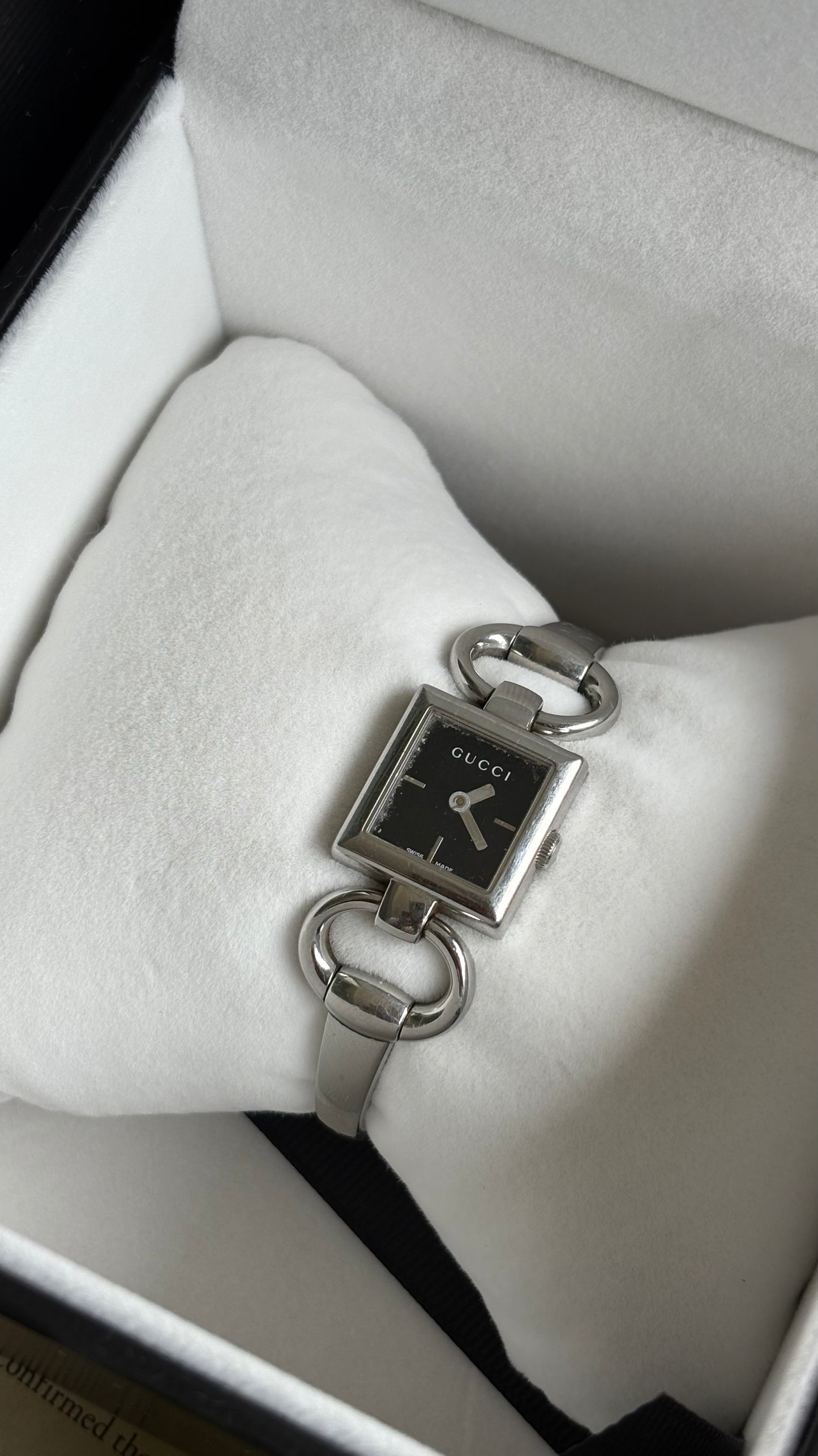 Vintage Gucci Horsebit 120 Tornabuoni Watch in Silver Tone Black Dial with Gucci Box