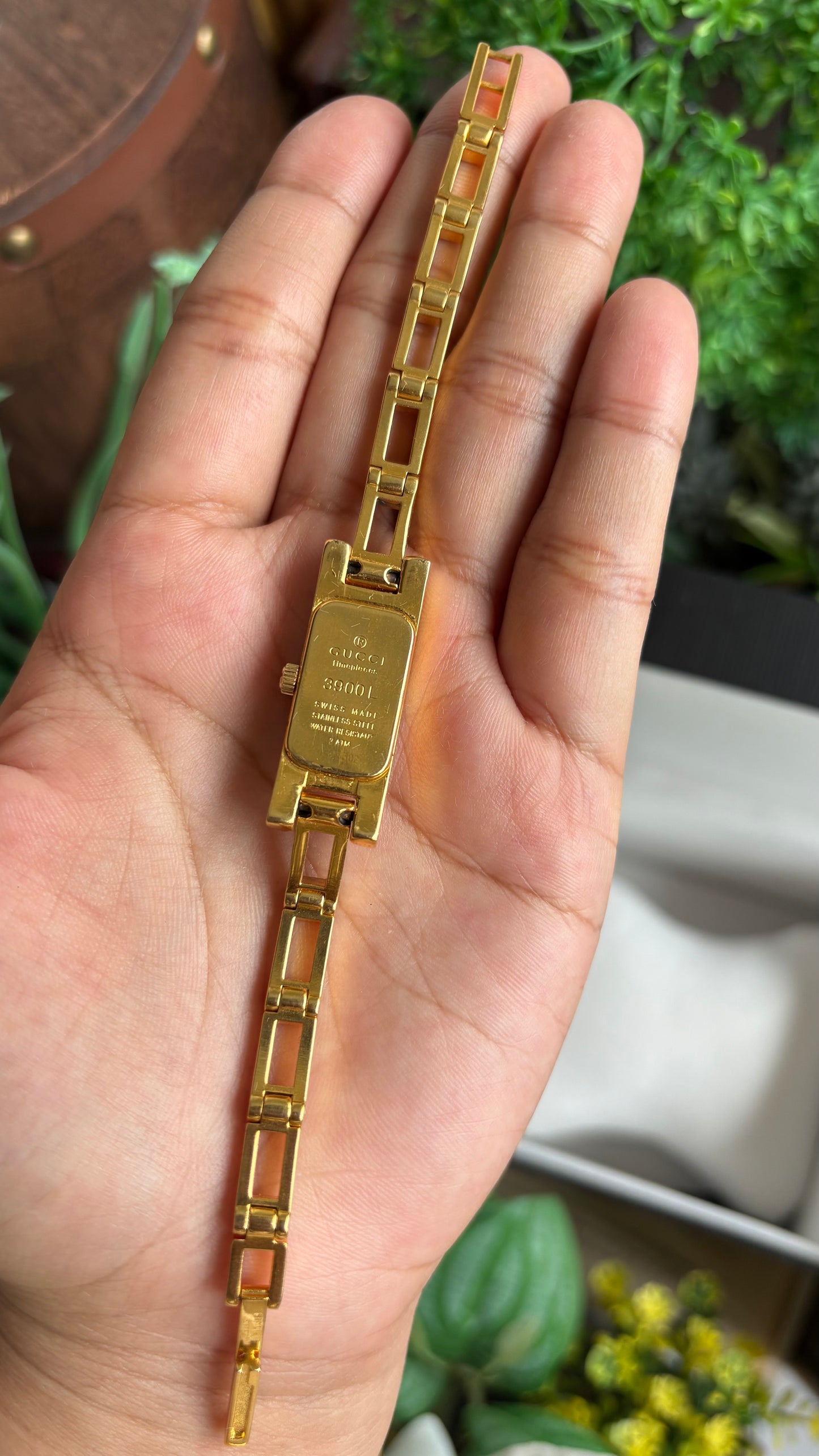 Vintage Gucci 3900L Monogram Dial Slim Bracelet Watch in Gold Tone with Gucci Box