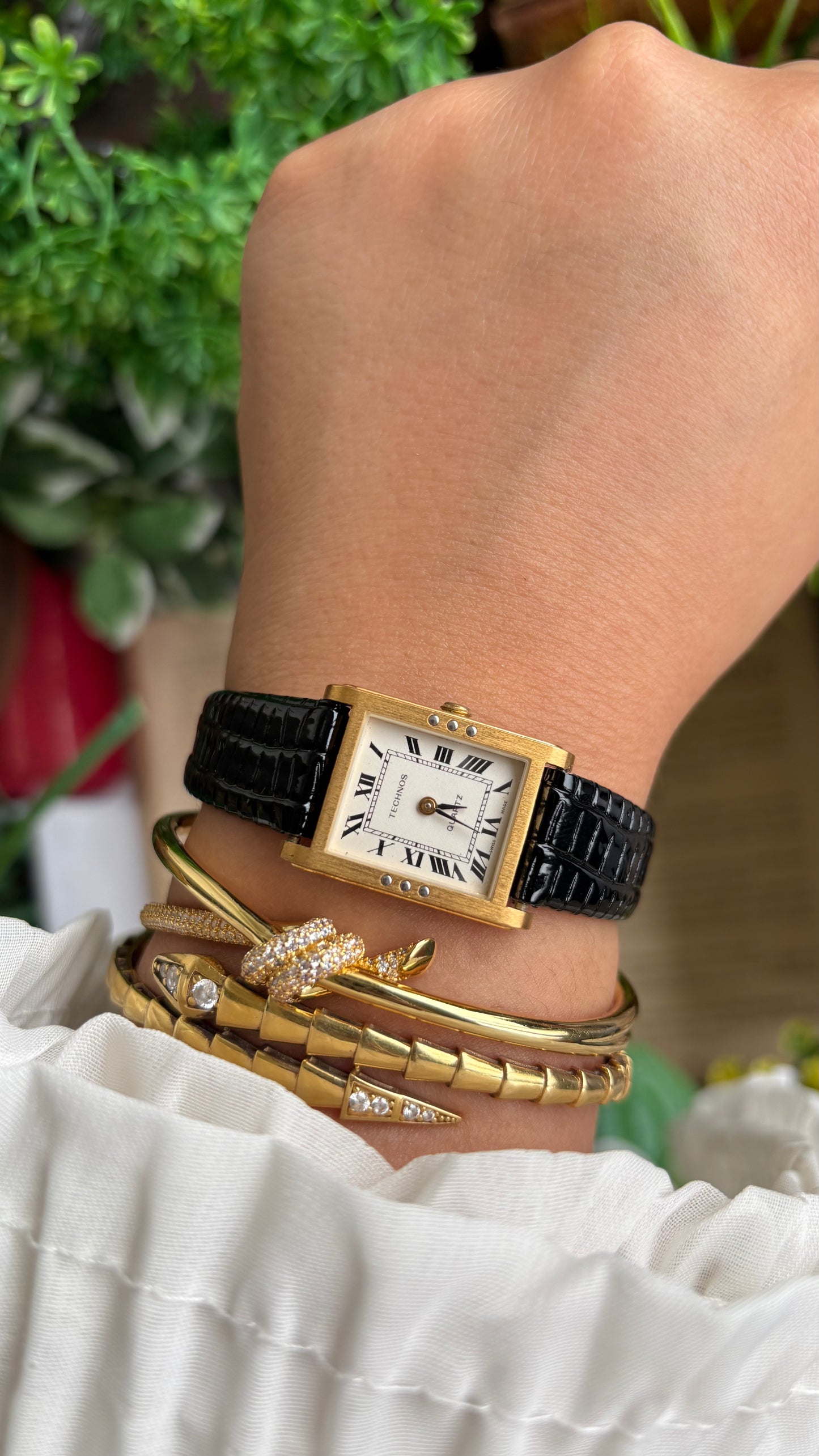 Vintage Technos Swiss Tank Watch in Black Leather Strap Cartier Style