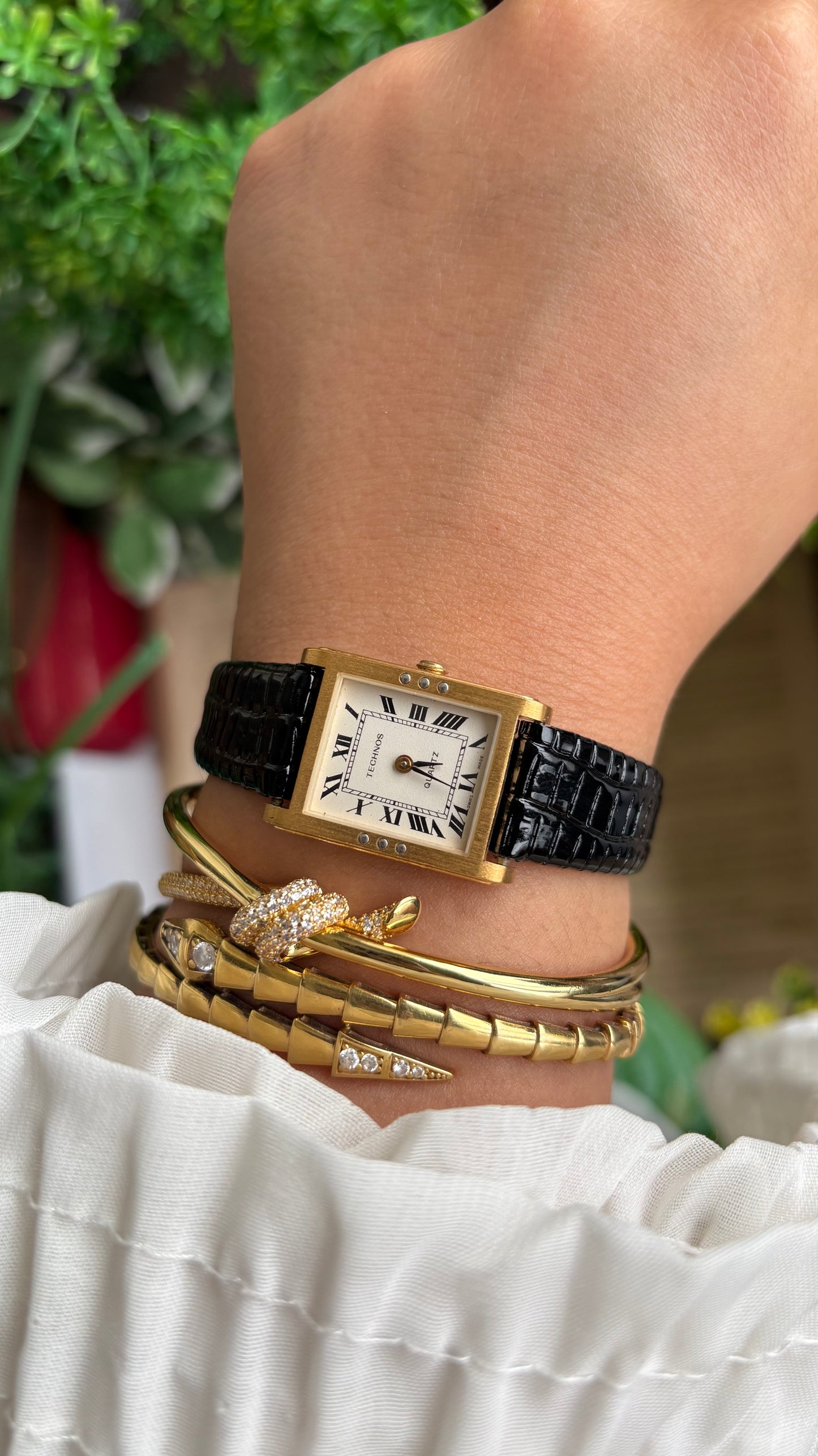 Vintage Technos Swiss Tank Watch in Black Leather Strap Cartier Style