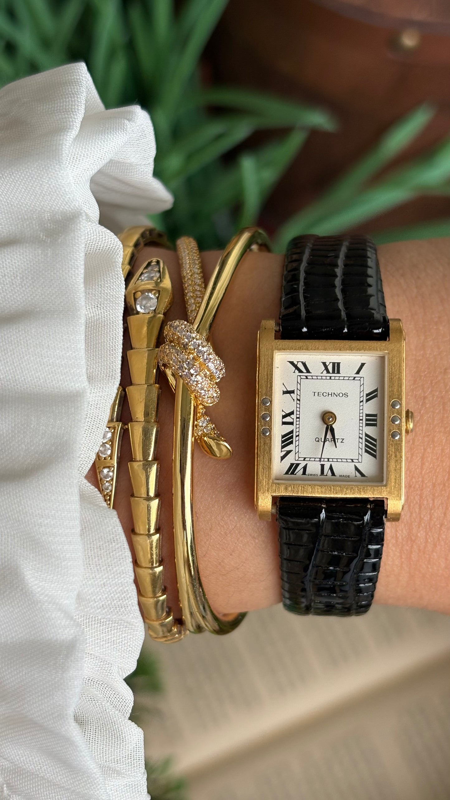 Vintage Technos Swiss Tank Watch in Black Leather Strap Cartier Style