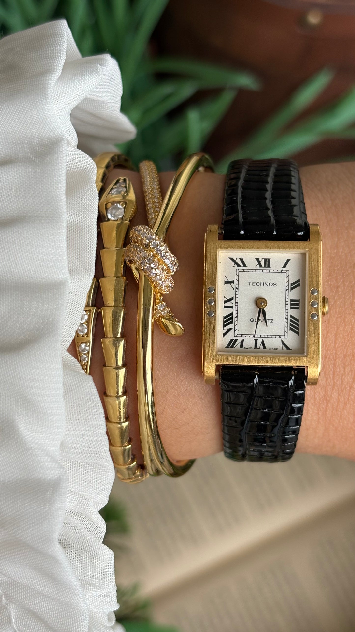 Vintage Technos Swiss Tank Watch in Black Leather Strap Cartier Style