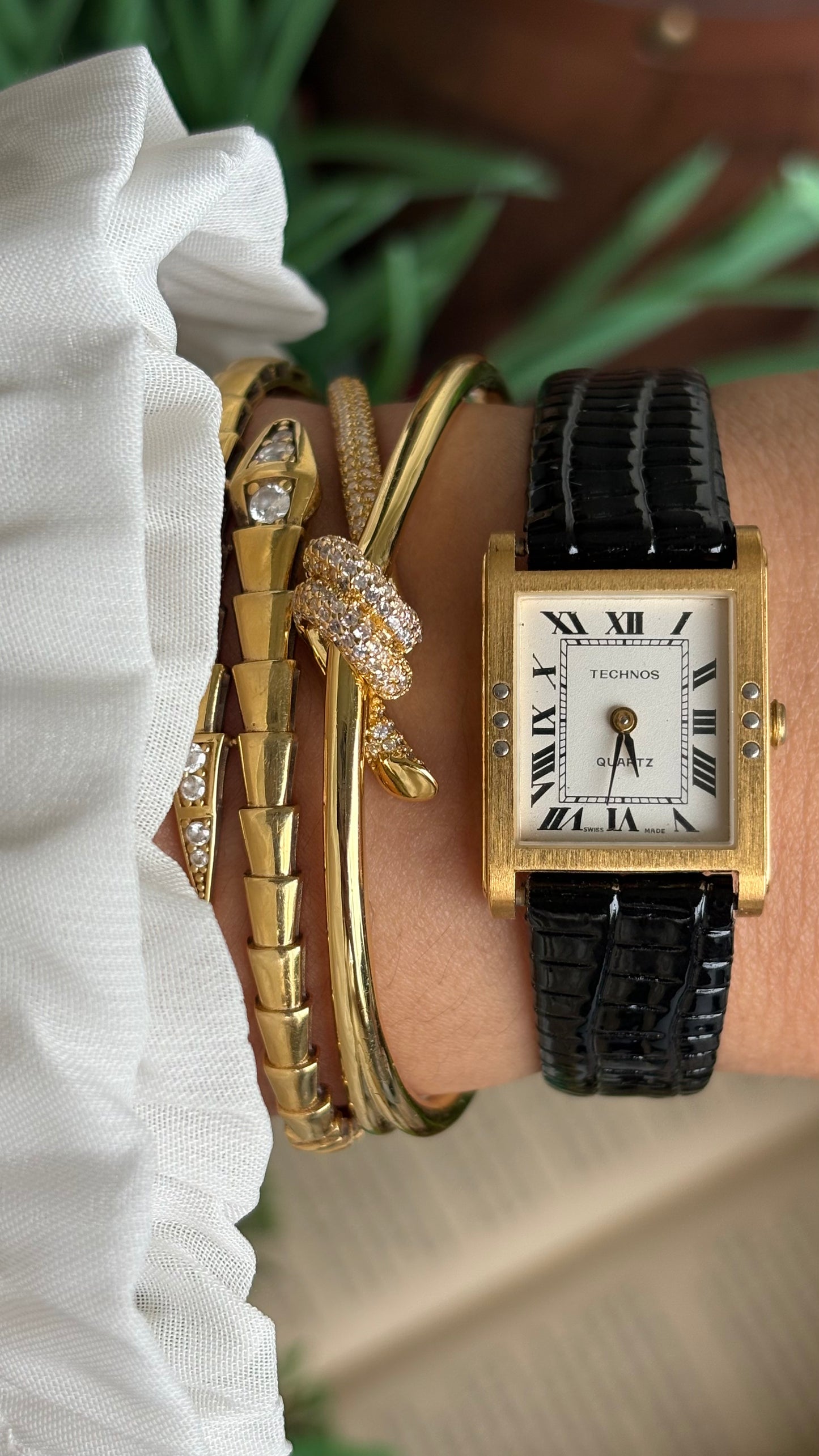 Vintage Technos Swiss Tank Watch in Black Leather Strap Cartier Style