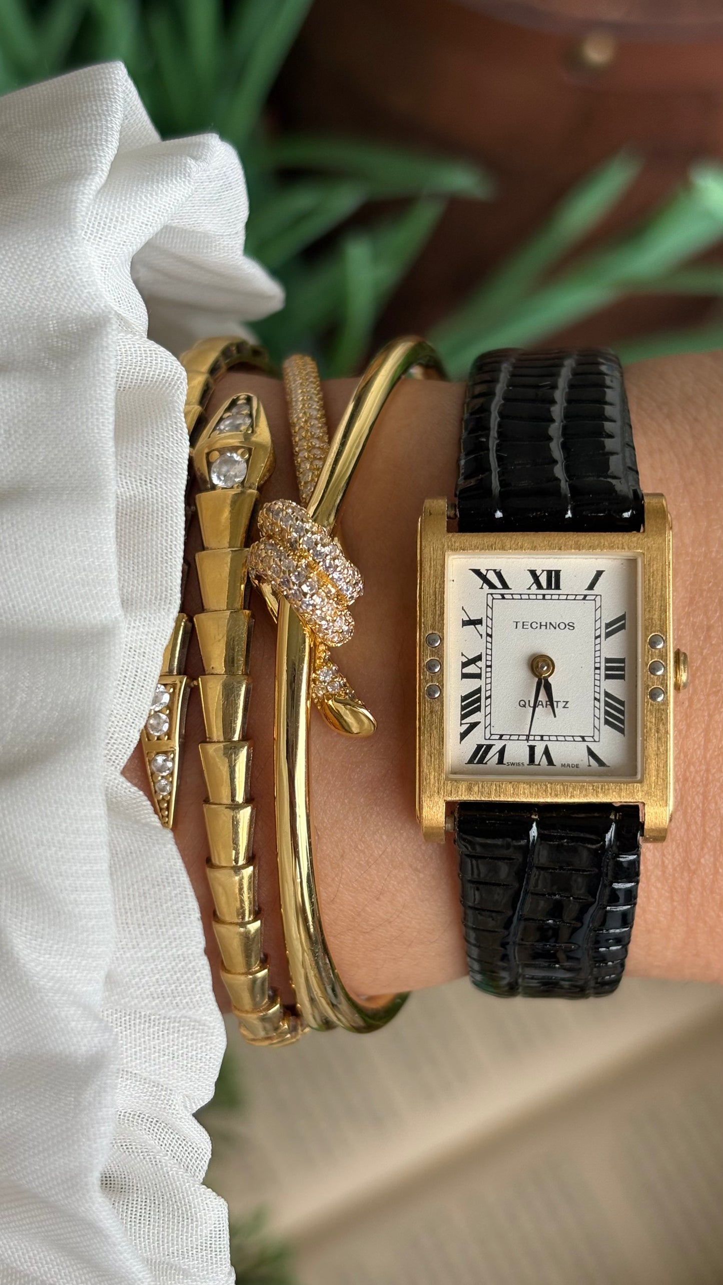 Vintage Technos Swiss Tank Watch in Black Leather Strap Cartier Style