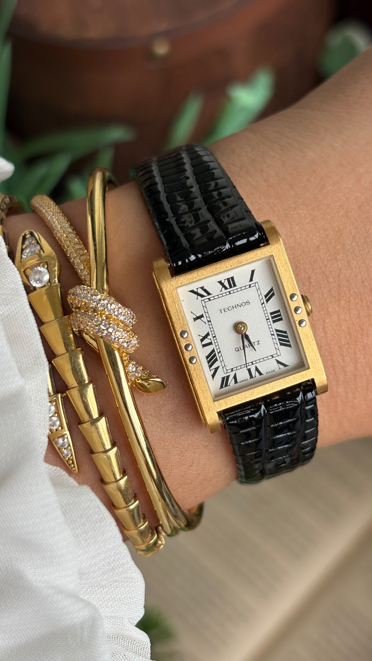 Vintage Technos Swiss Tank Watch in Black Leather Strap Cartier Style
