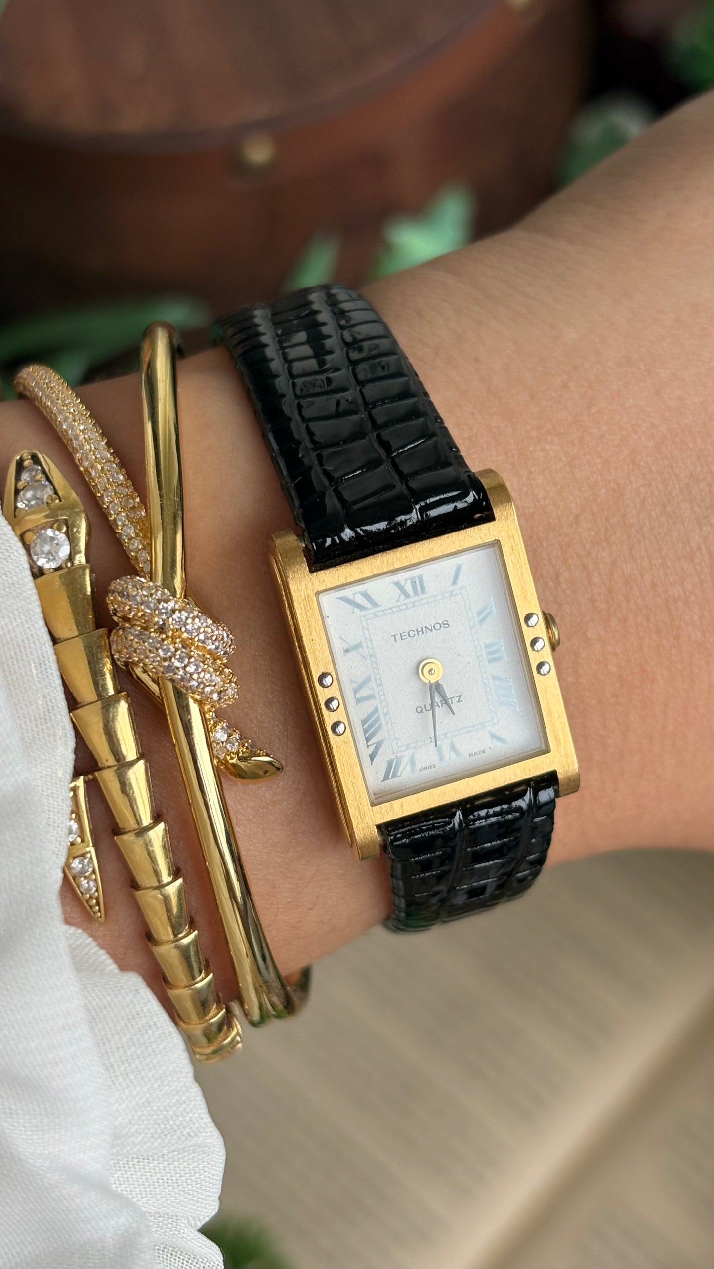 Vintage Technos Swiss Tank Watch in Black Leather Strap Cartier Style