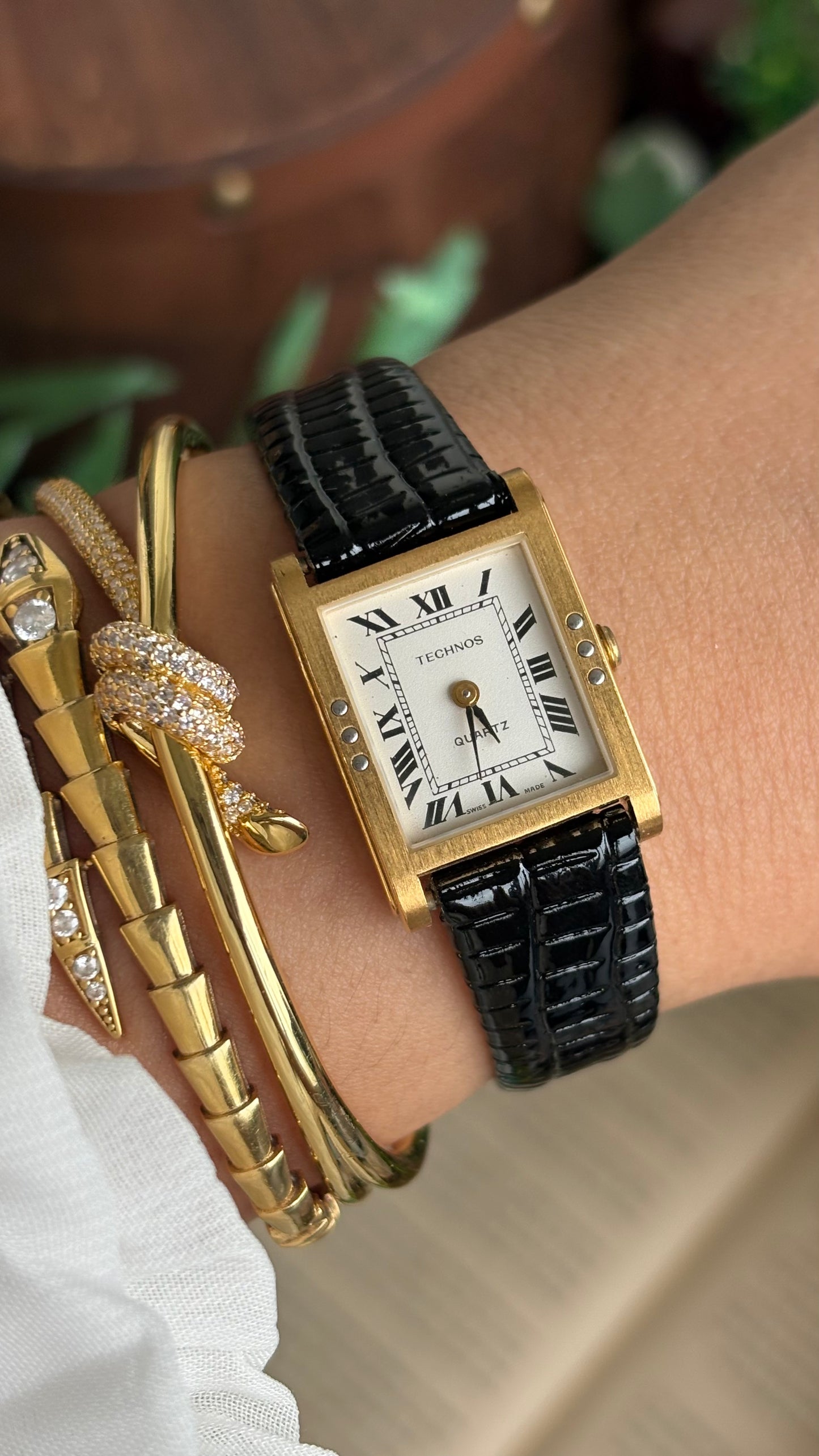 Vintage Technos Swiss Tank Watch in Black Leather Strap Cartier Style