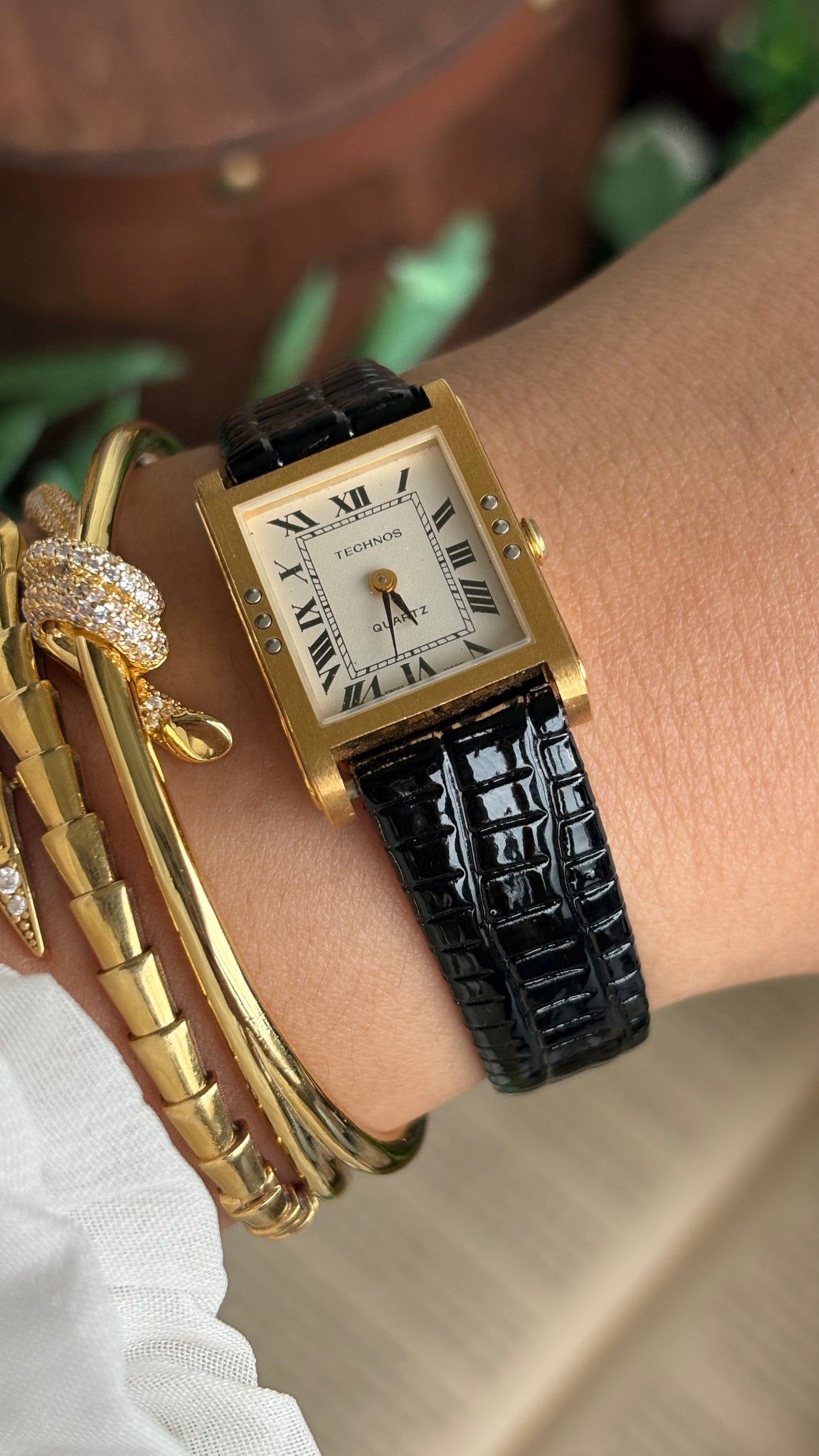 Vintage Technos Swiss Tank Watch in Black Leather Strap Cartier Style