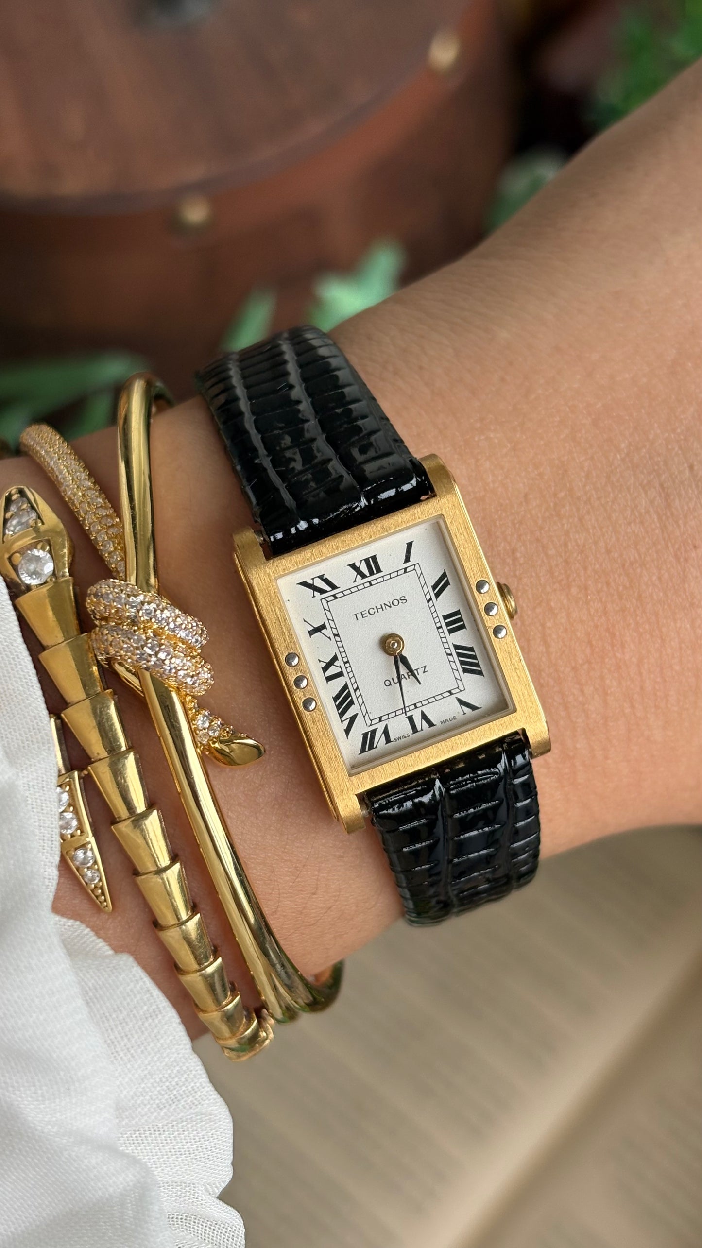 Vintage Technos Swiss Tank Watch in Black Leather Strap Cartier Style
