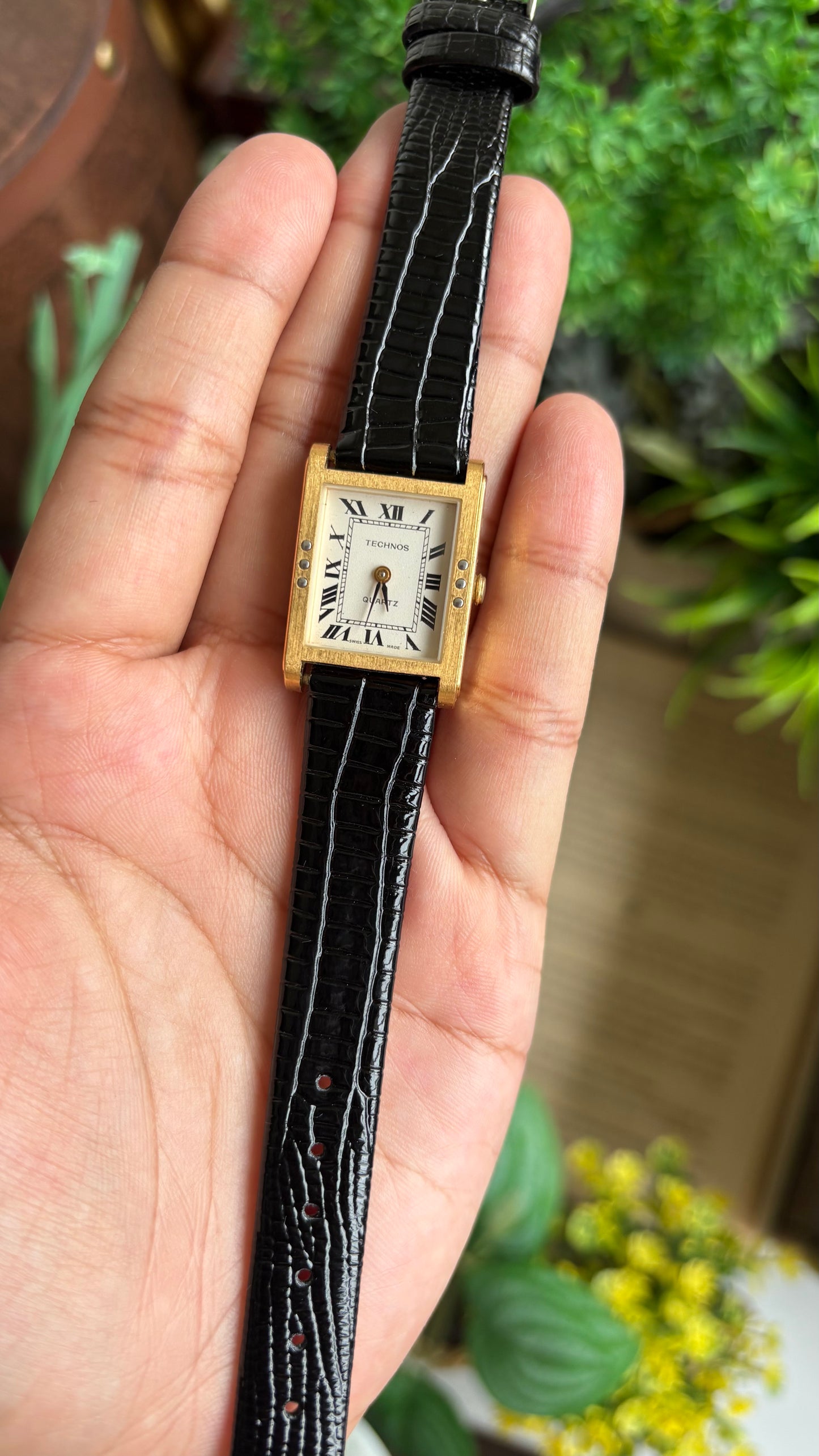 Vintage Technos Swiss Tank Watch in Black Leather Strap Cartier Style