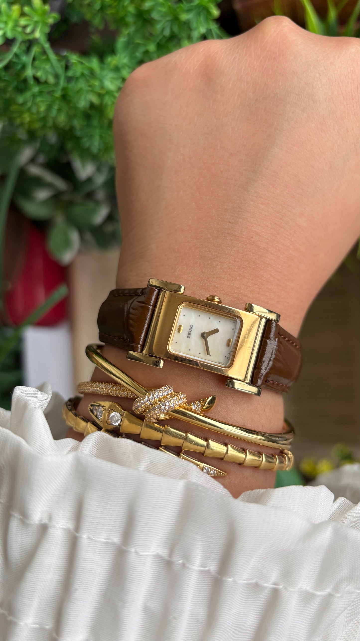 Extremely Rare Vintage Seiko Women’s Tank Watch in Brown Leather Strap Pearl Dial