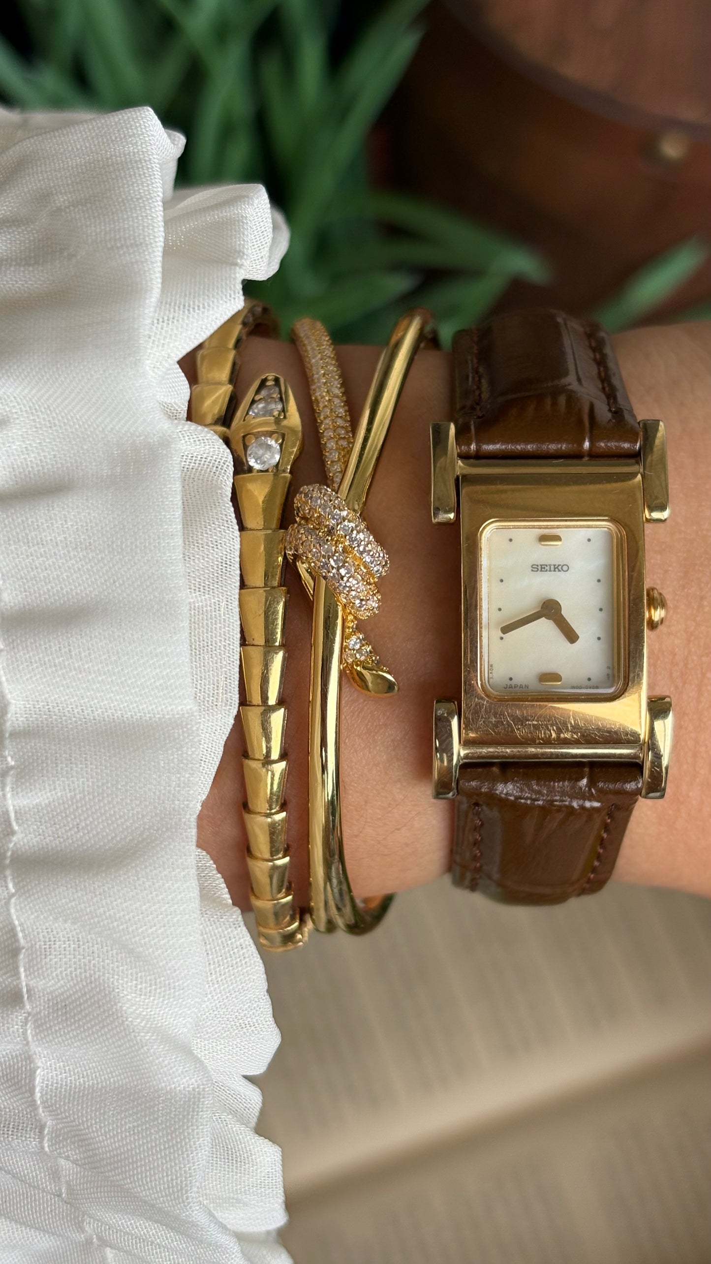 Extremely Rare Vintage Seiko Women’s Tank Watch in Brown Leather Strap Pearl Dial