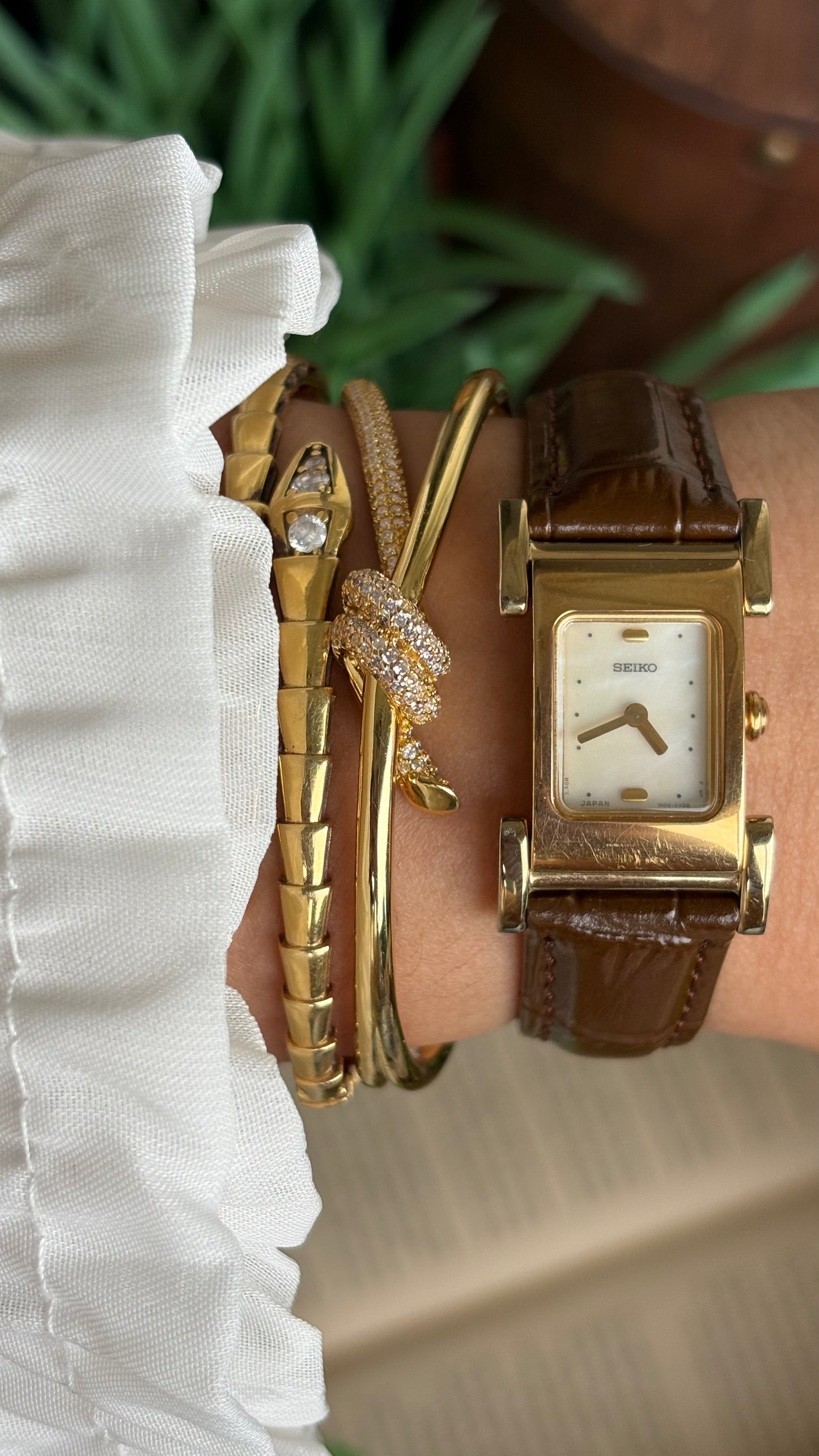 Extremely Rare Vintage Seiko Women’s Tank Watch in Brown Leather Strap Pearl Dial