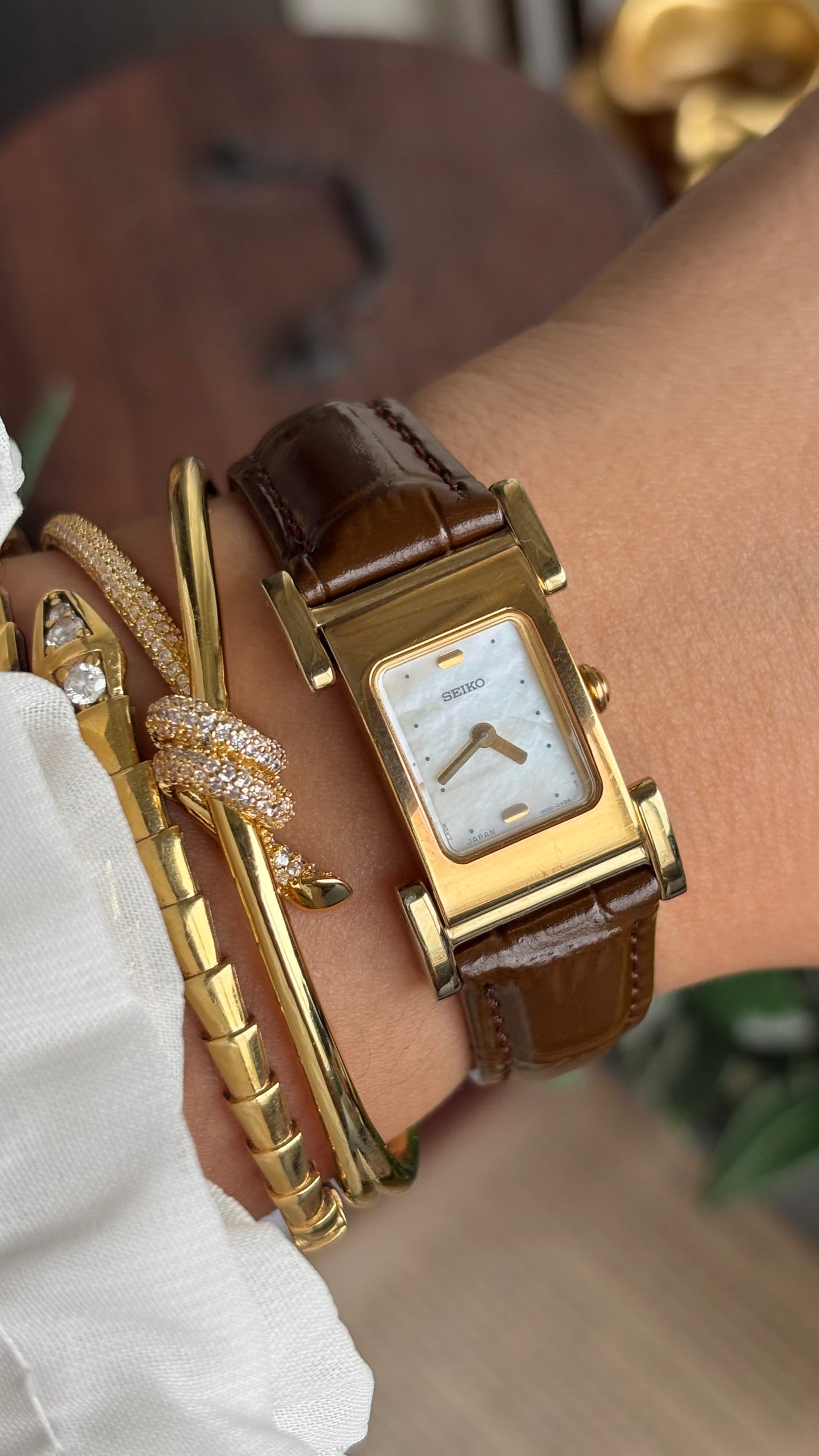 Extremely Rare Vintage Seiko Women’s Tank Watch in Brown Leather Strap Pearl Dial
