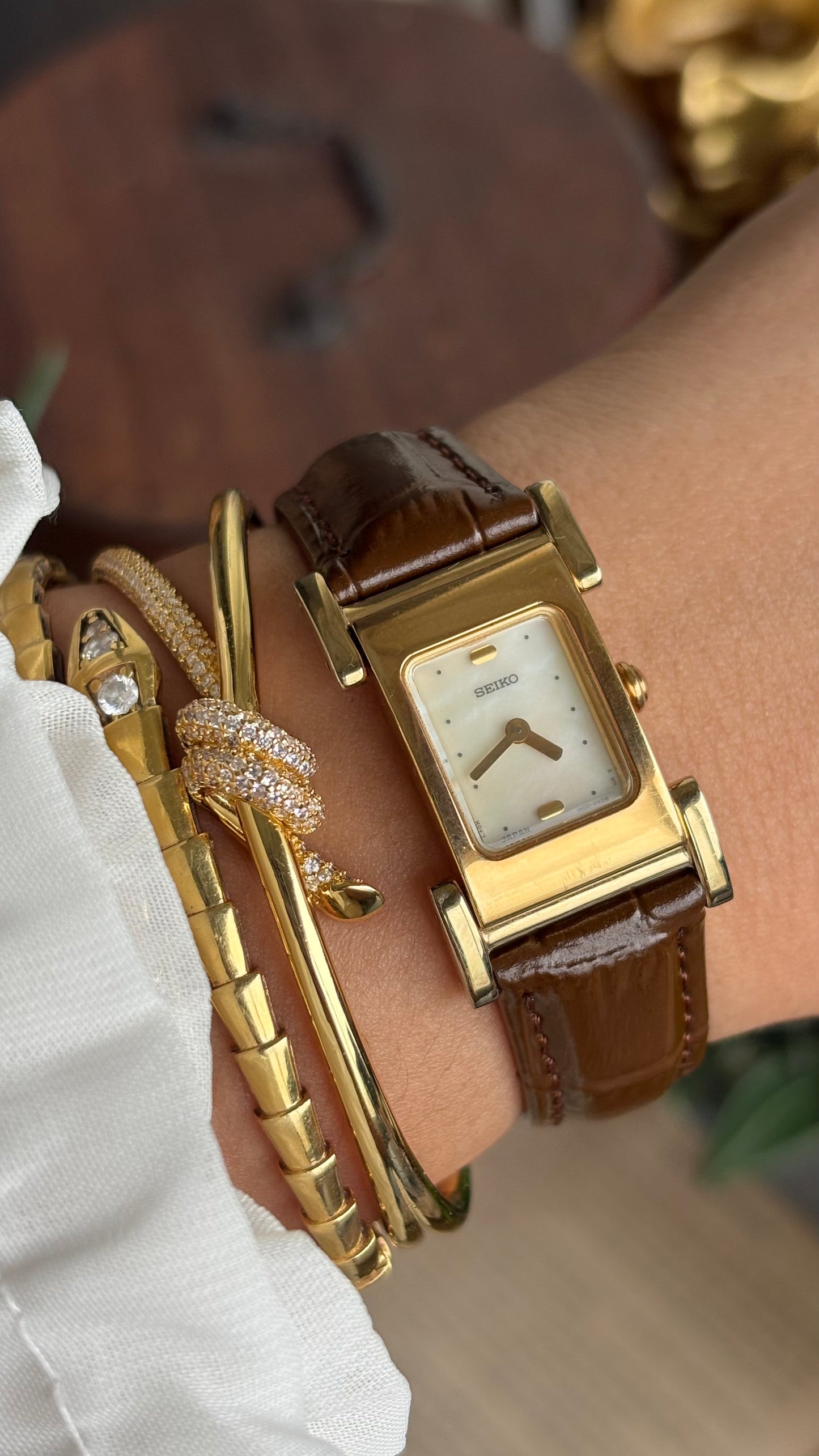 Extremely Rare Vintage Seiko Women’s Tank Watch in Brown Leather Strap Pearl Dial