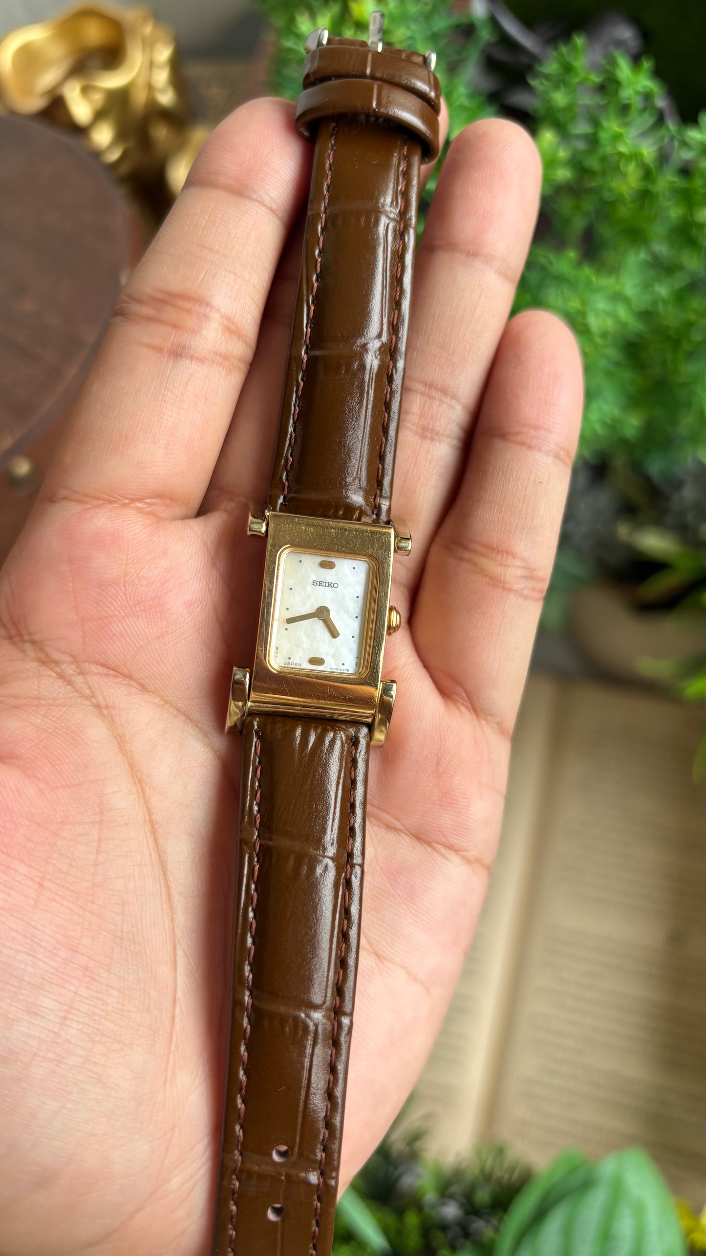 Extremely Rare Vintage Seiko Women’s Tank Watch in Brown Leather Strap Pearl Dial