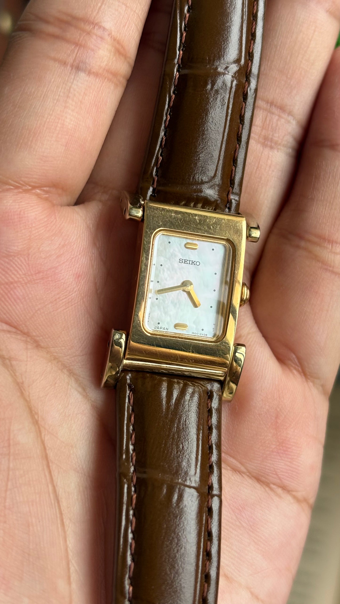 Extremely Rare Vintage Seiko Women’s Tank Watch in Brown Leather Strap Pearl Dial