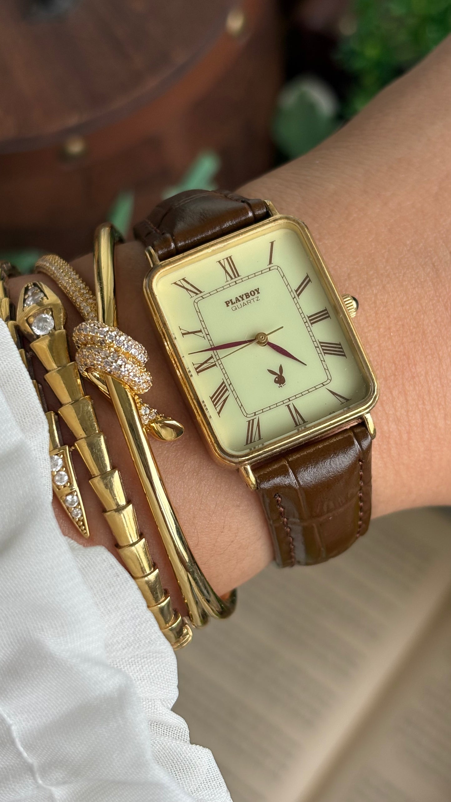 Vintage Seiko Playboy Men’s Tank Watch in Brown Leather Strap Roman Dial