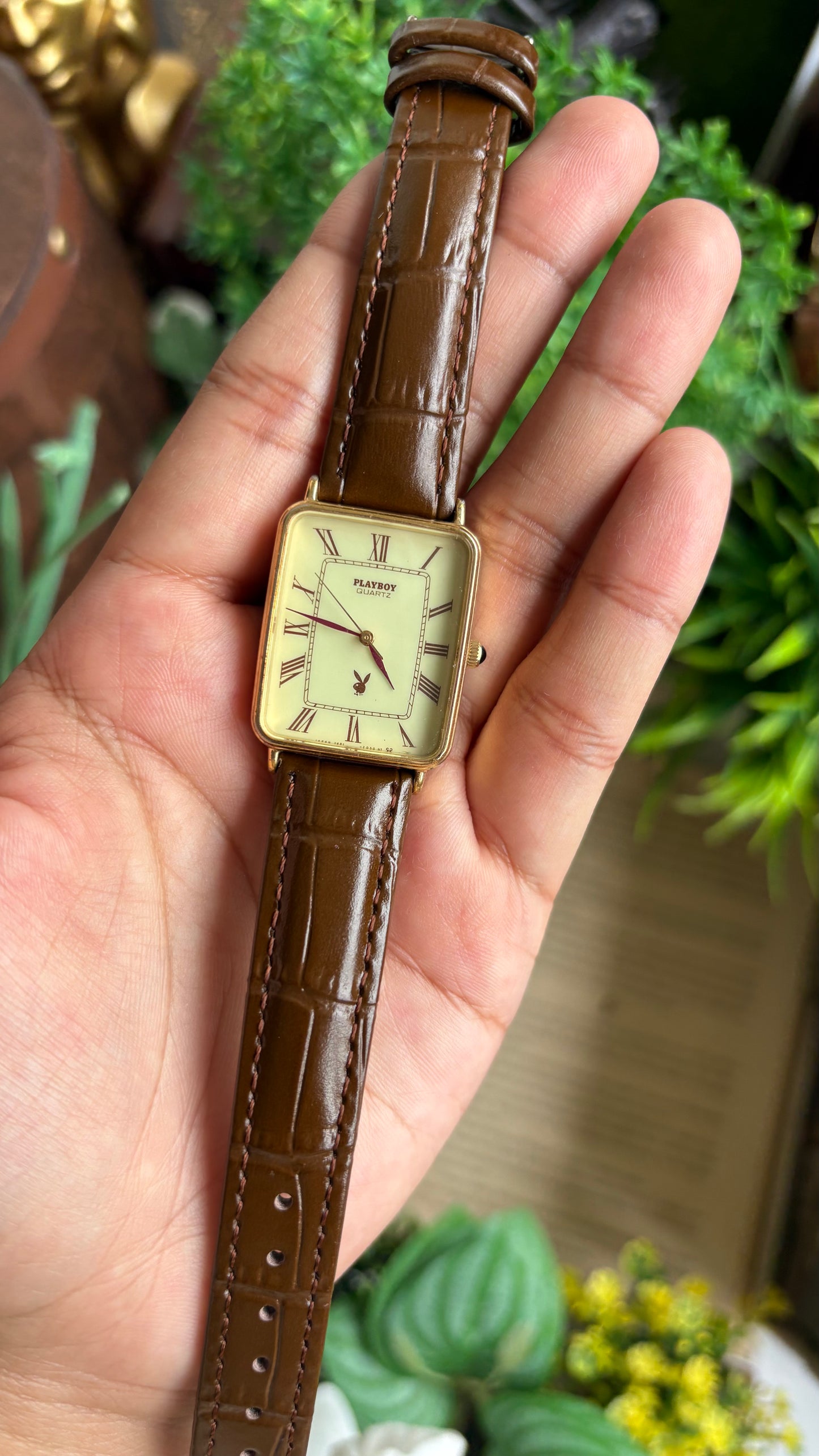 Vintage Seiko Playboy Men’s Tank Watch in Brown Leather Strap Roman Dial