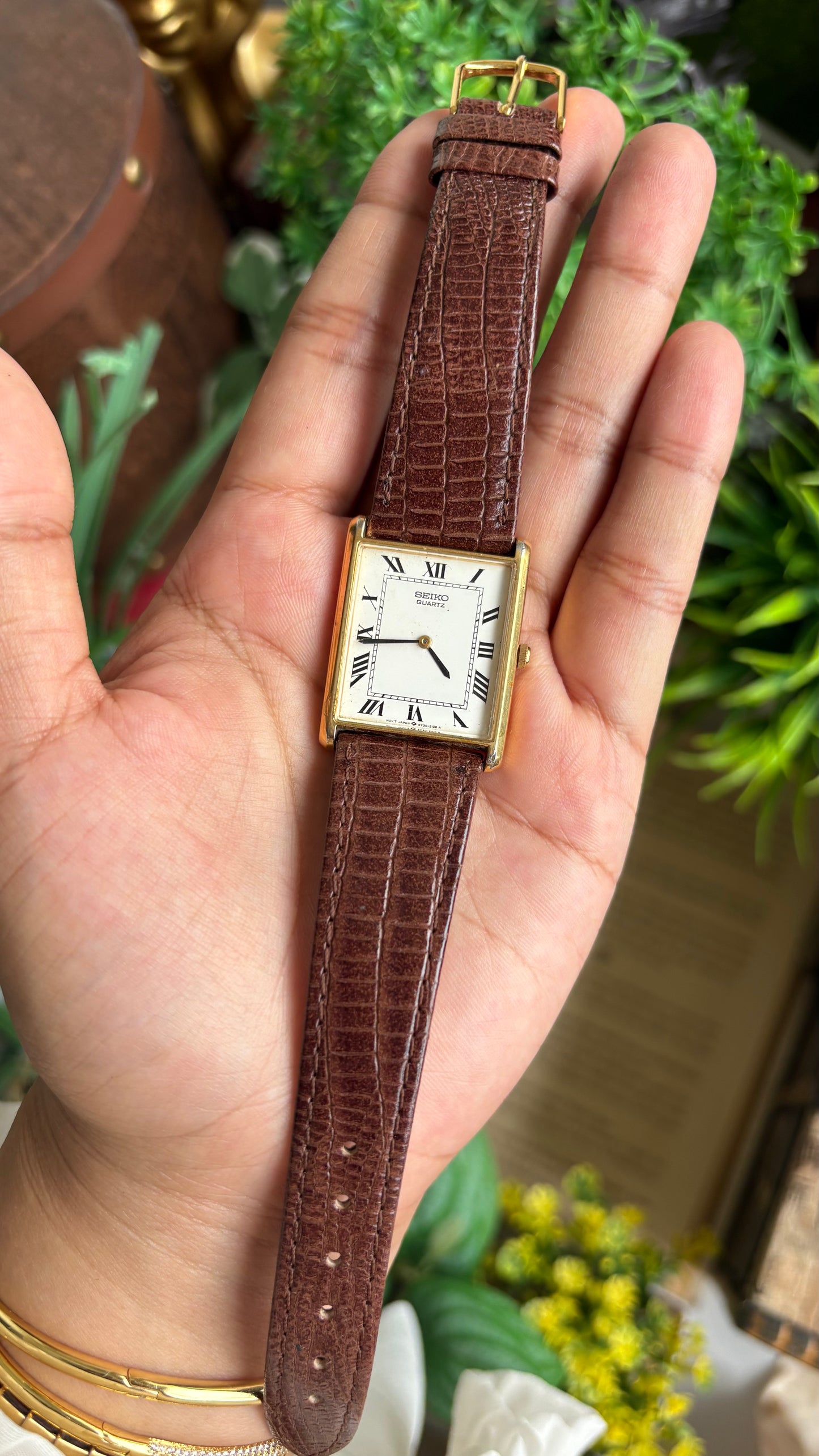 Extremely Rare 1970s Vintage Seiko Tank Men’s Dress Watch in Brown Leather Strap Roman Dial