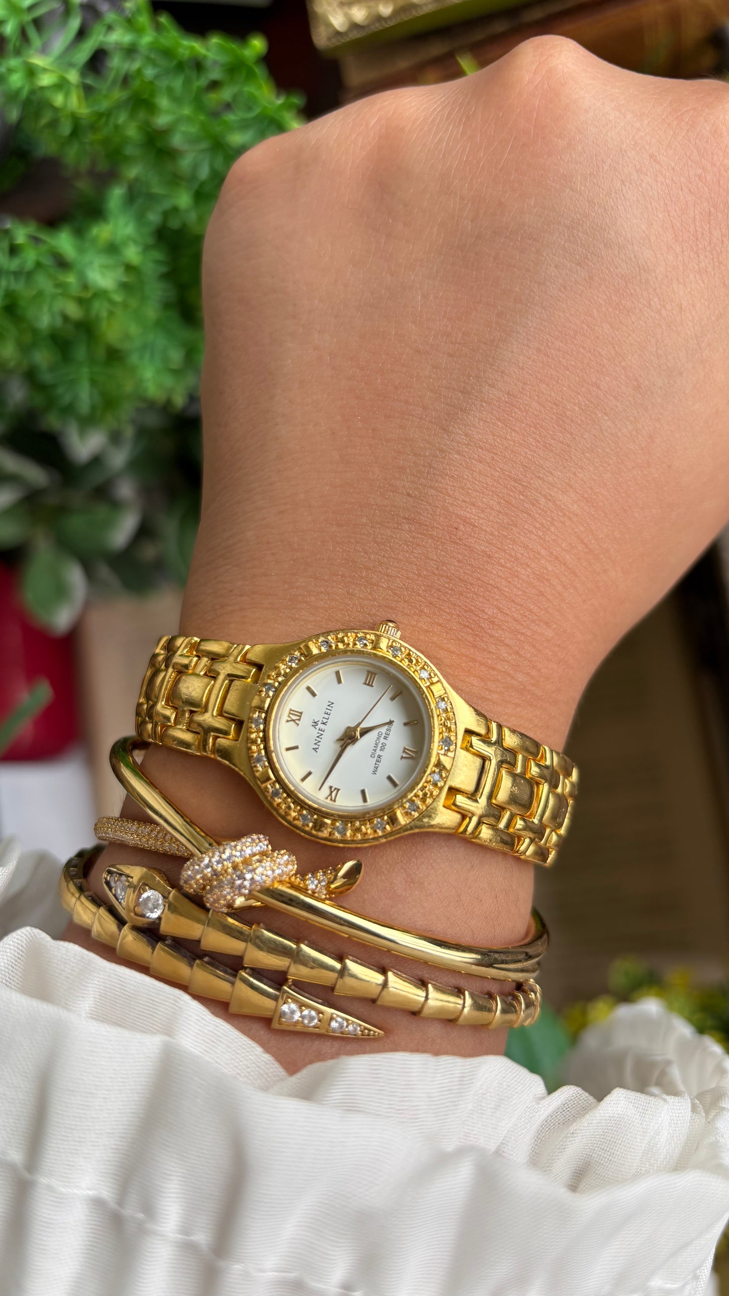 Vintage Anne Klein Bejeweled Watch in Gold Tone