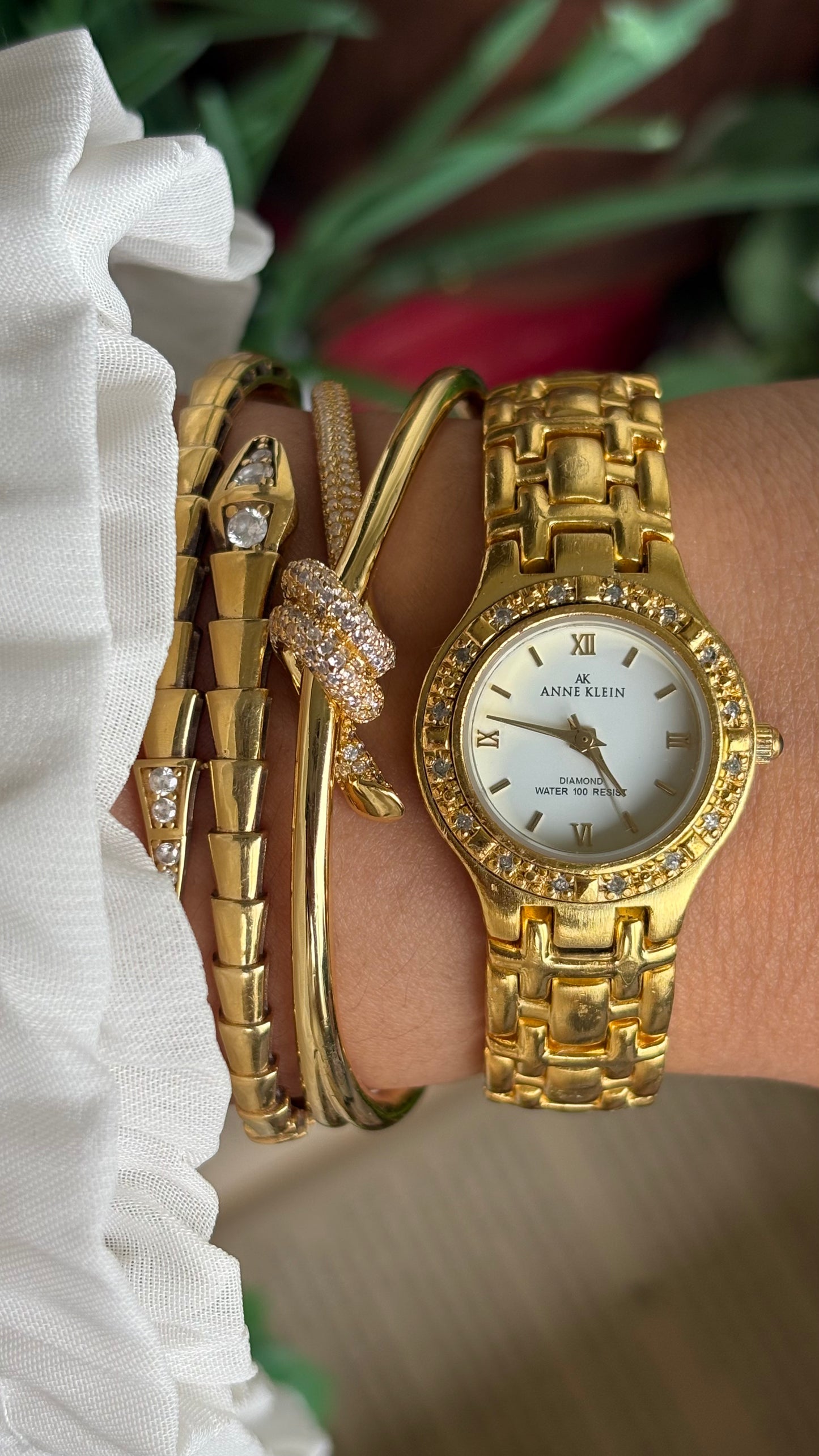 Vintage Anne Klein Bejeweled Watch in Gold Tone