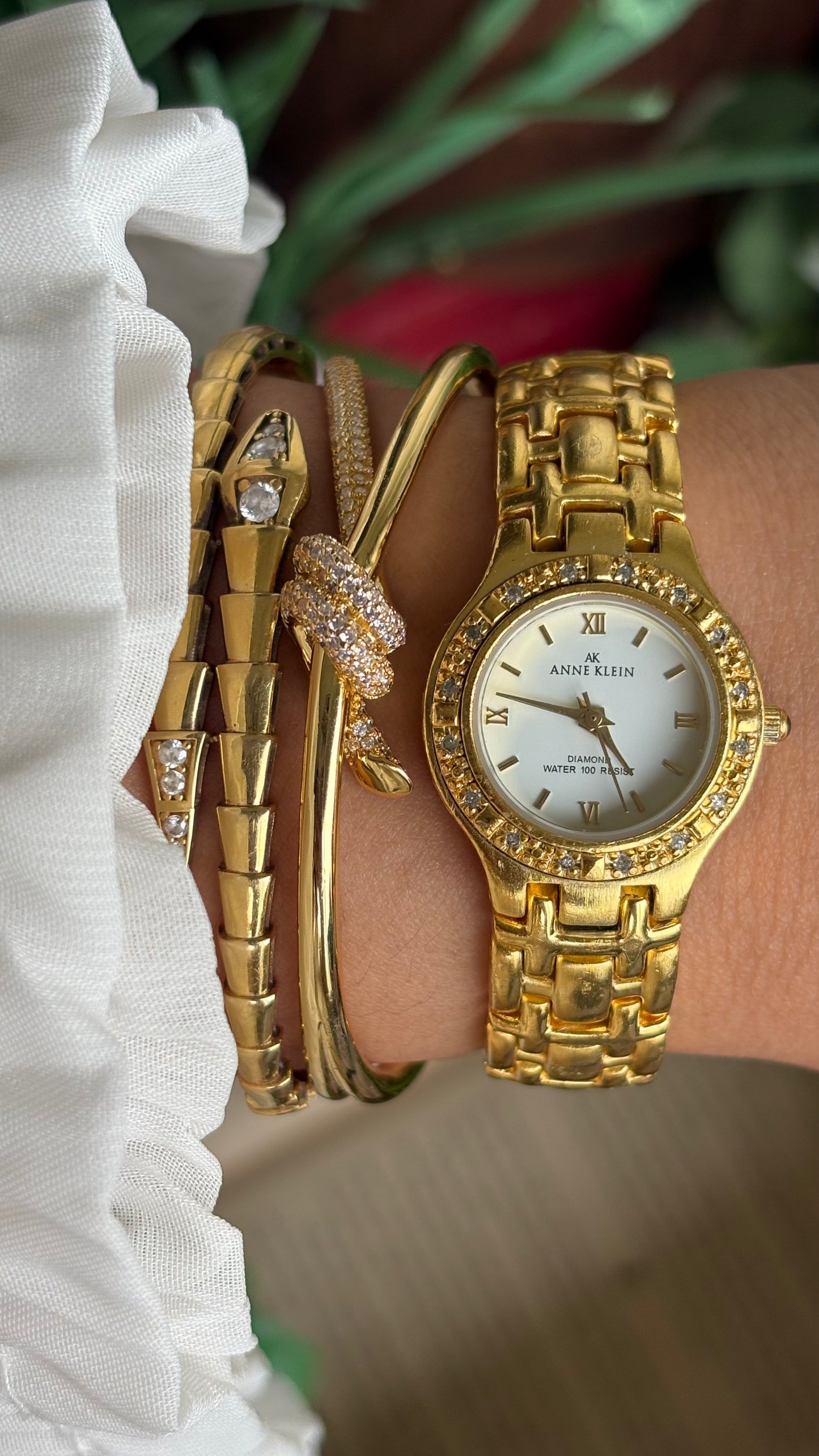 Vintage Anne Klein Bejeweled Watch in Gold Tone