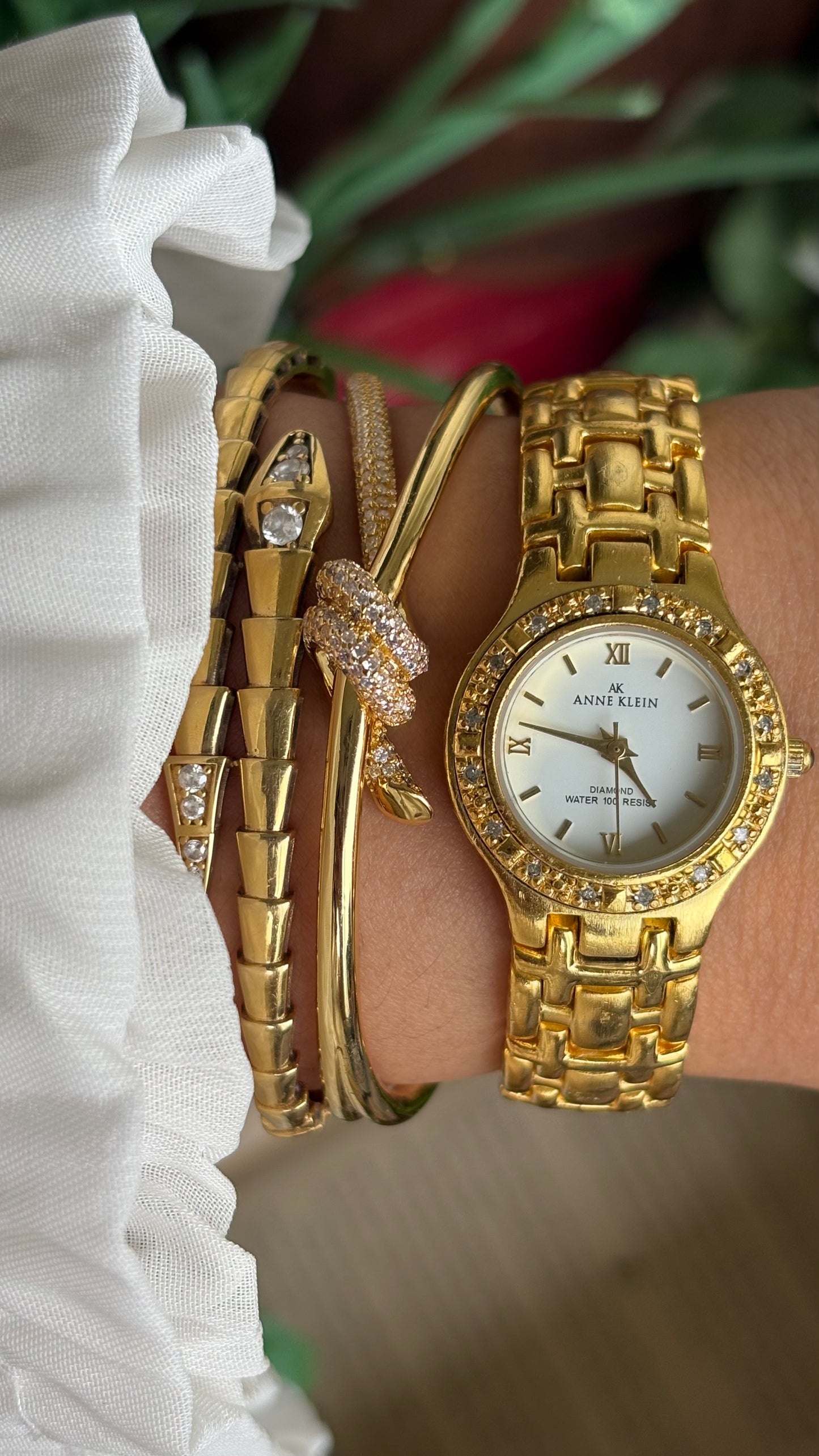 Vintage Anne Klein Bejeweled Watch in Gold Tone