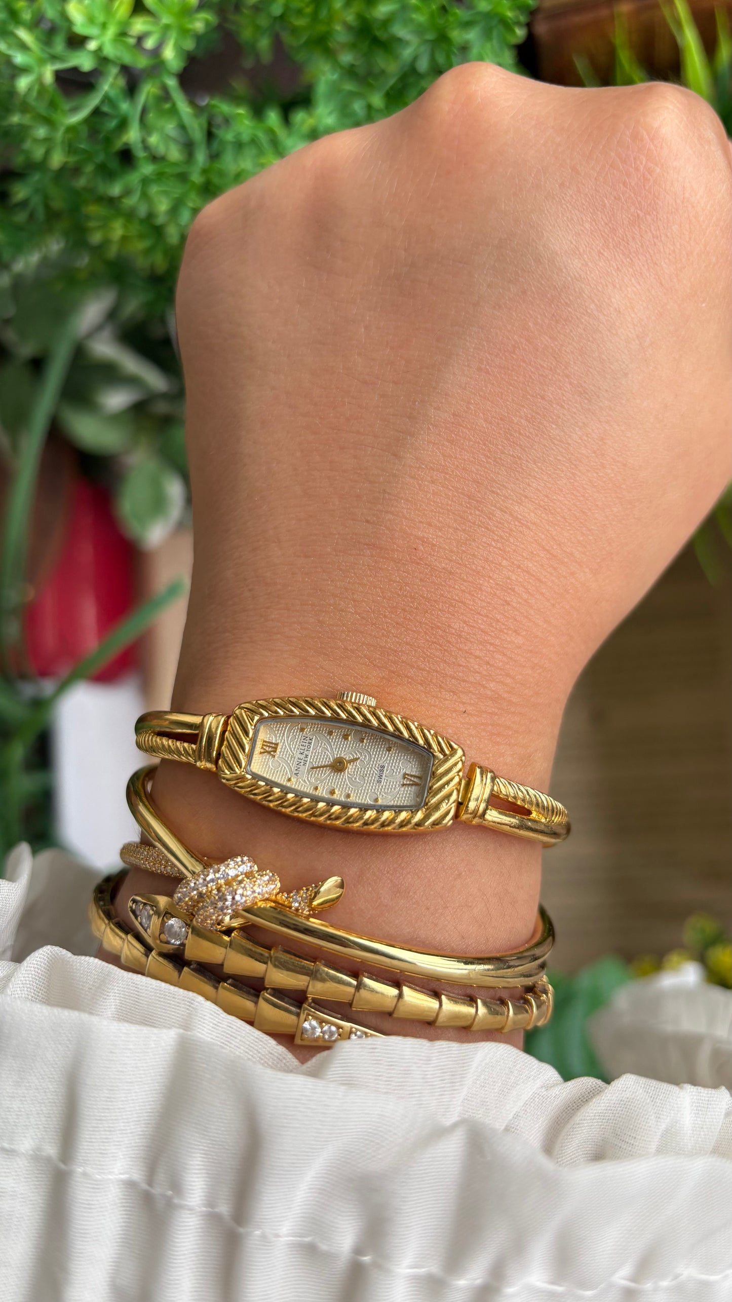 Extremely Rare Vintage Anne Klein Art Deco Swiss Watch in Gold Tone Super Slim and Dainty