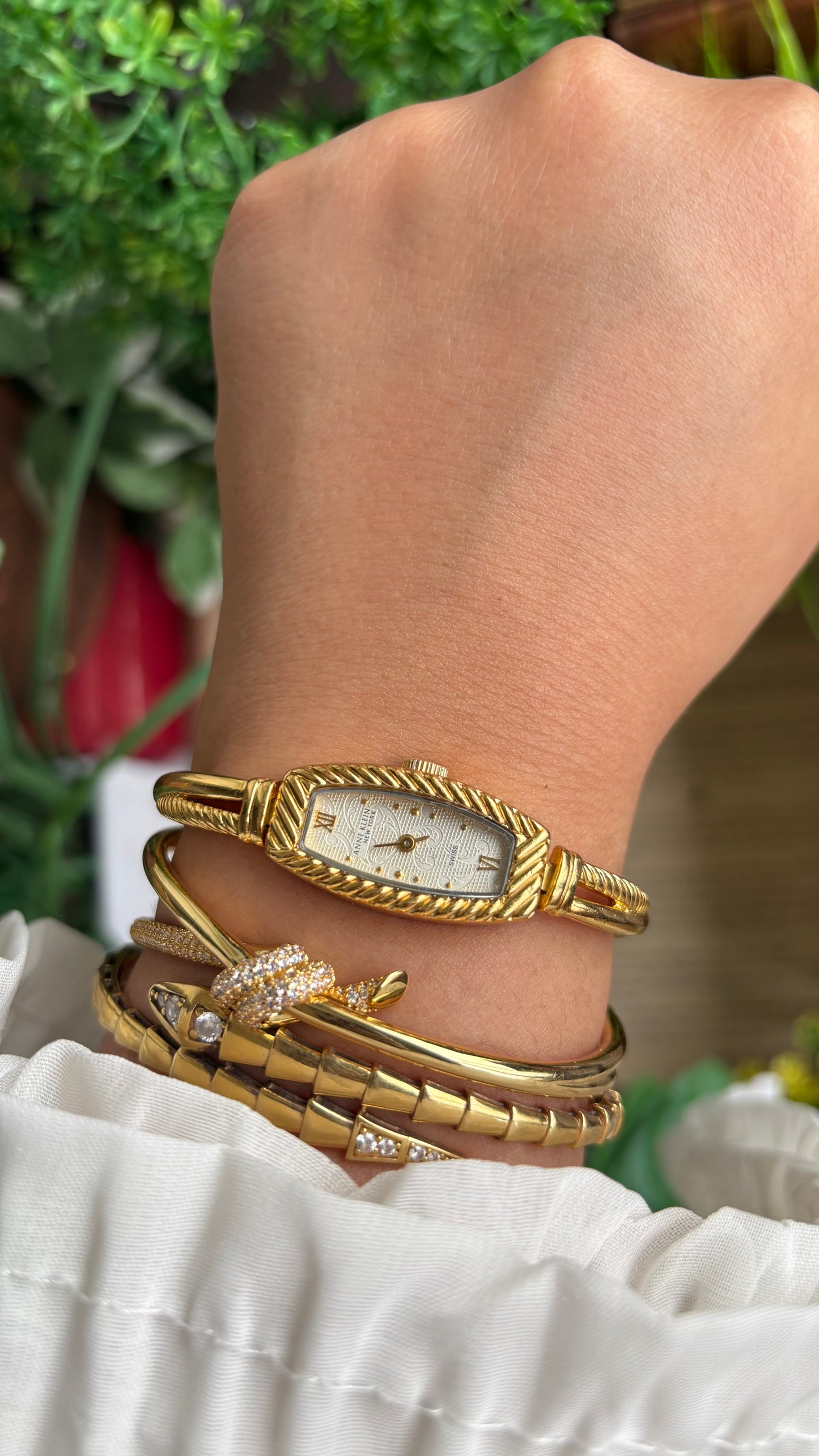 Extremely Rare Vintage Anne Klein Art Deco Swiss Watch in Gold Tone Super Slim and Dainty