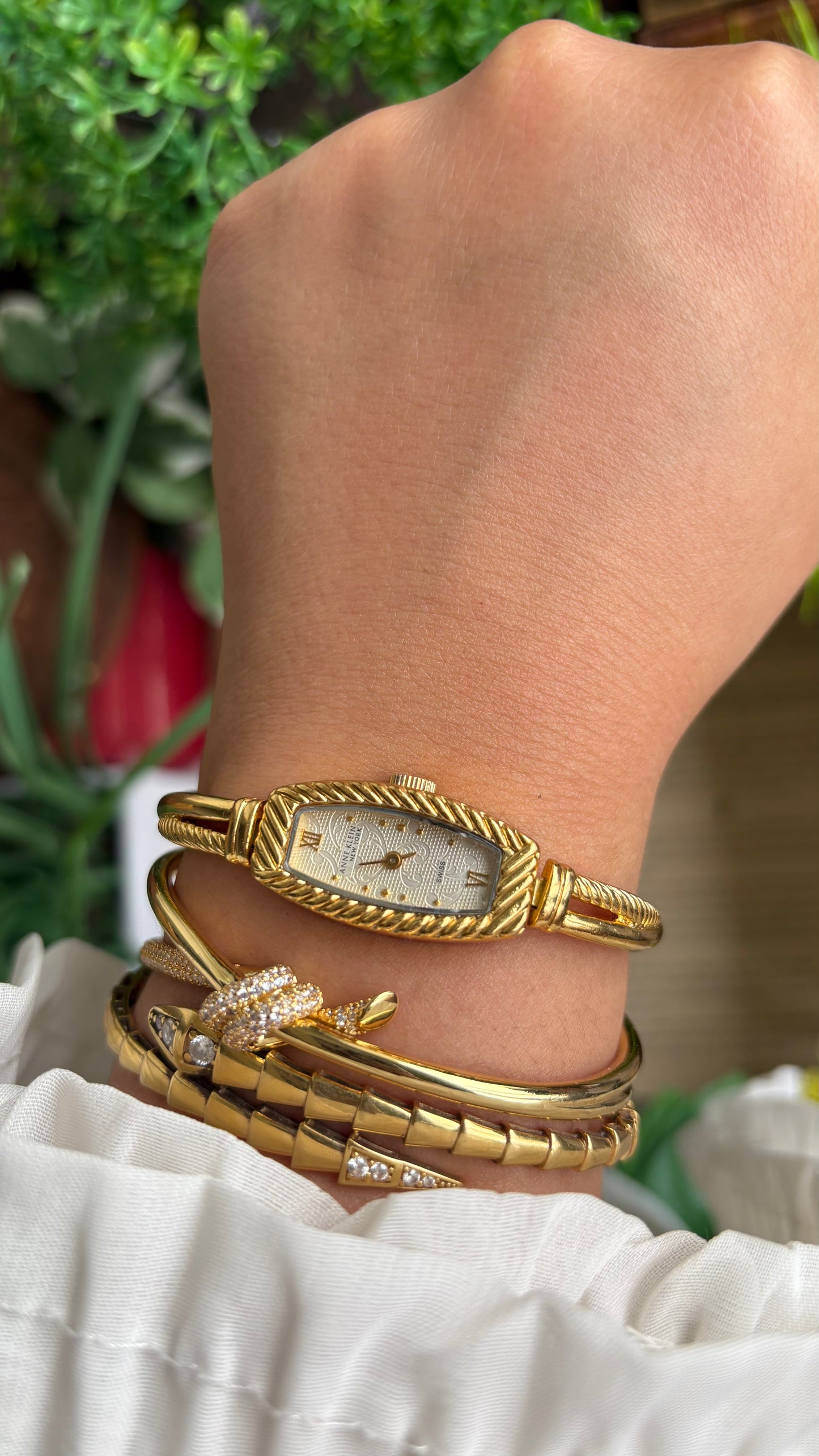 Extremely Rare Vintage Anne Klein Art Deco Swiss Watch in Gold Tone Super Slim and Dainty
