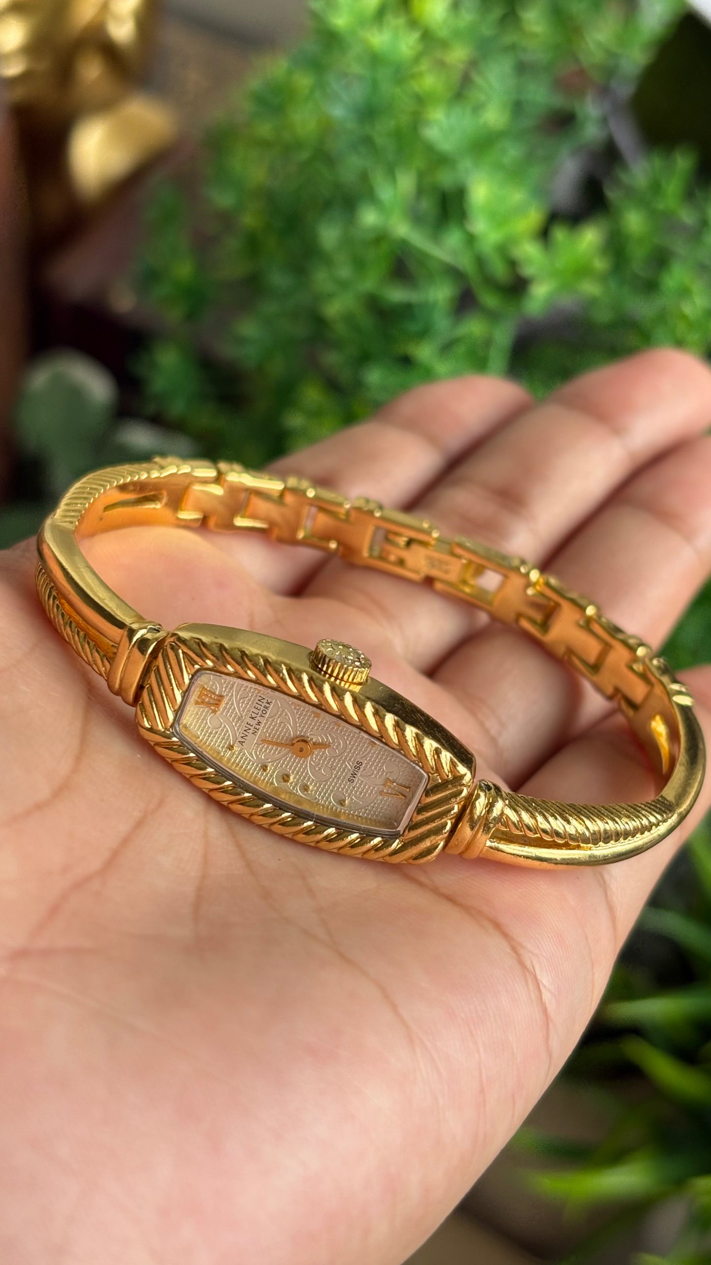 Extremely Rare Vintage Anne Klein Art Deco Swiss Watch in Gold Tone Super Slim and Dainty