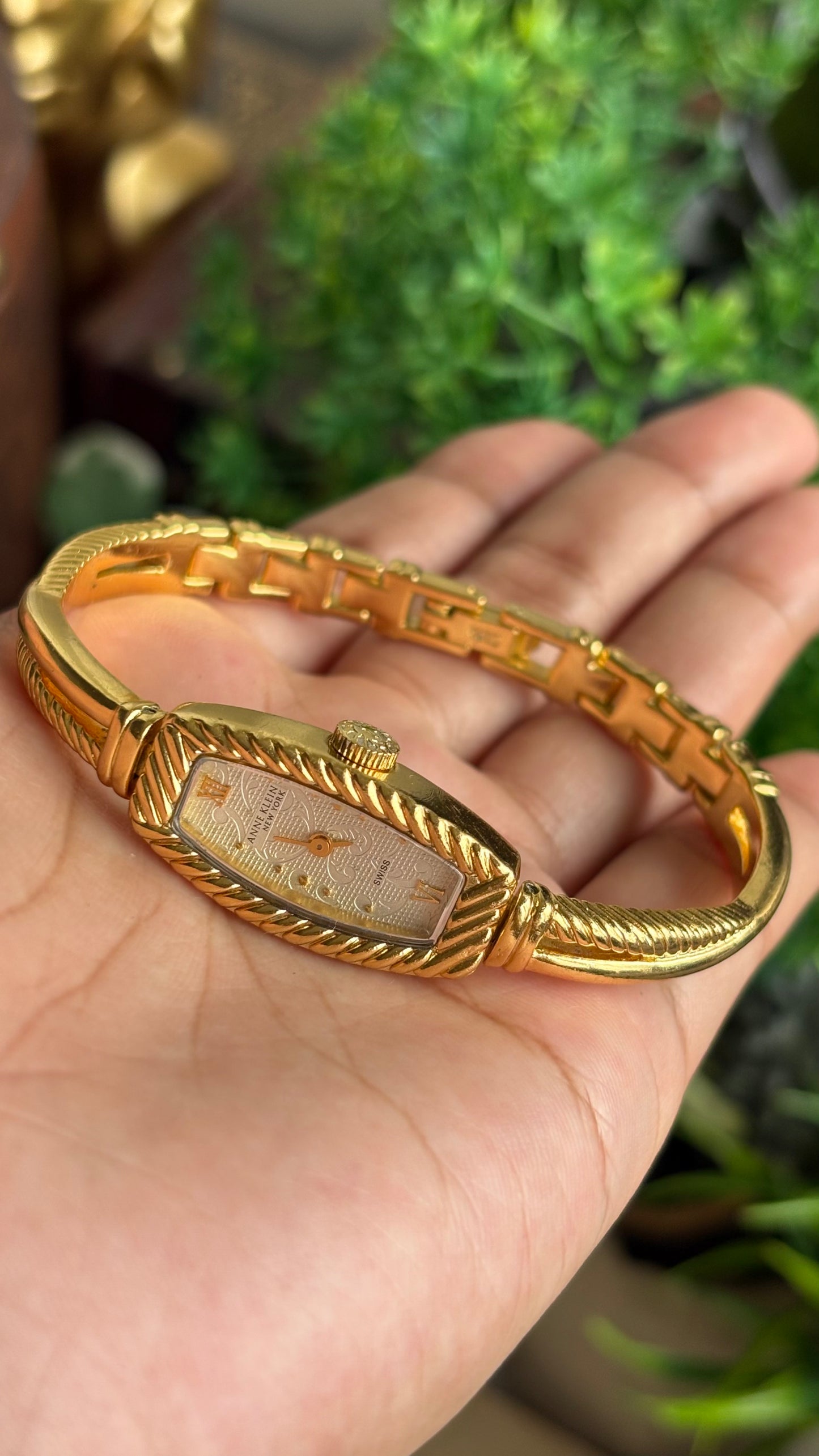 Extremely Rare Vintage Anne Klein Art Deco Swiss Watch in Gold Tone Super Slim and Dainty