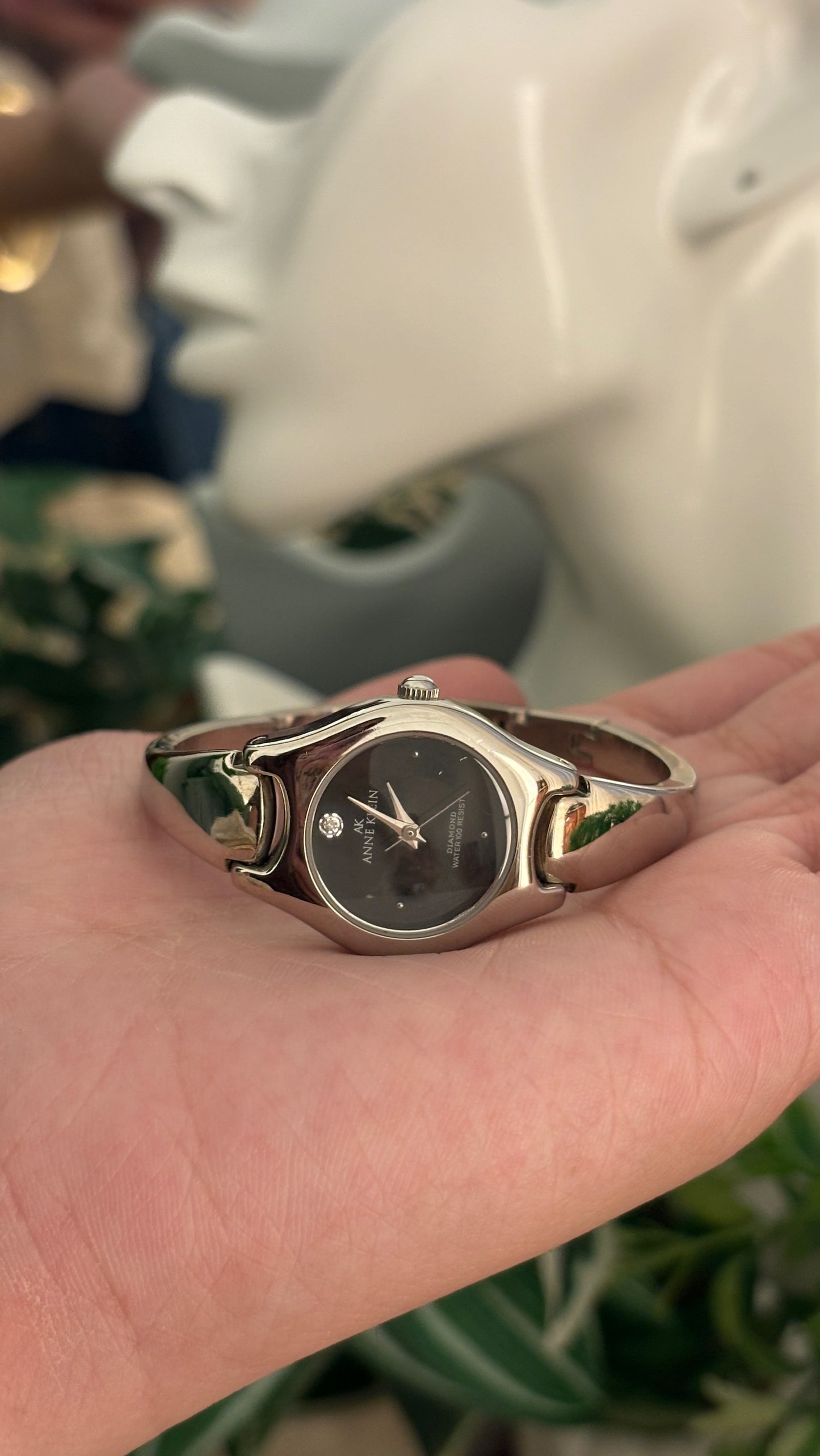 Vintage Anne Klein Black Dial Bangle Watch in Silver Tone Quartz