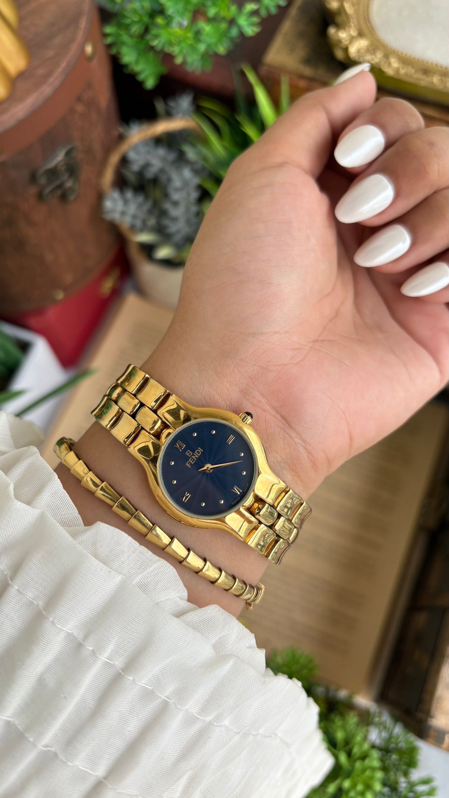 Vintage Fendi Watch in Gold Tone Midnight Blue Dial Gold Filled