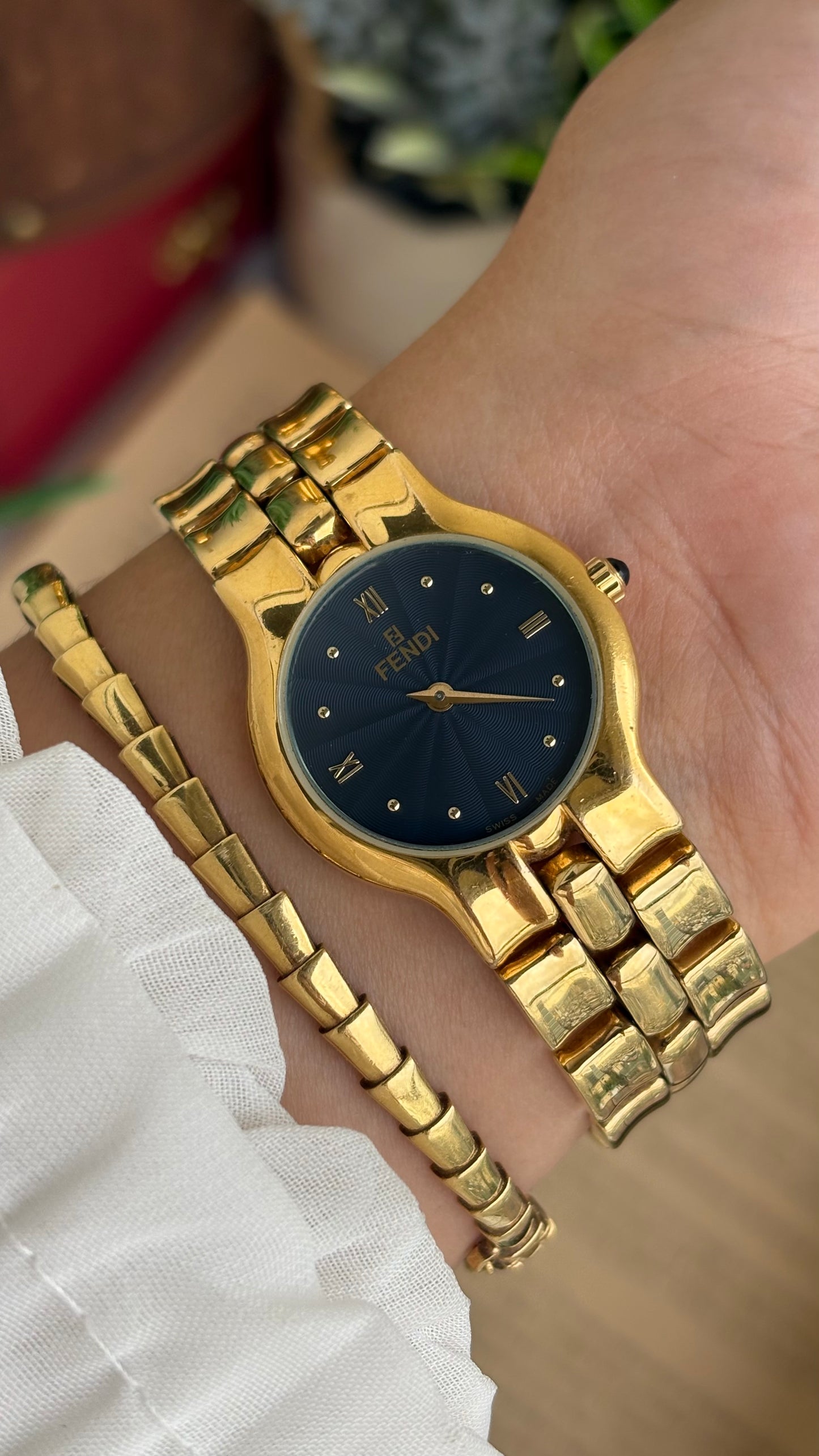 Vintage Fendi Watch in Gold Tone Midnight Blue Dial Gold Filled