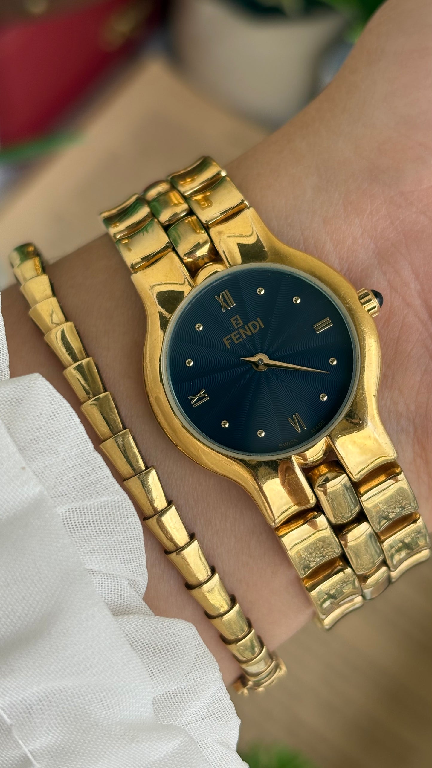 Vintage Fendi Watch in Gold Tone Midnight Blue Dial Gold Filled