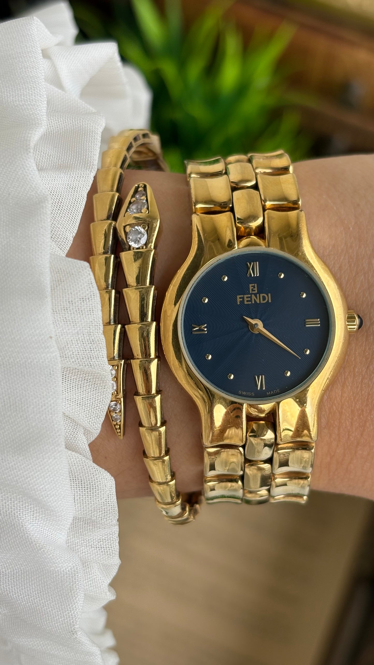 Vintage Fendi Watch in Gold Tone Midnight Blue Dial Gold Filled
