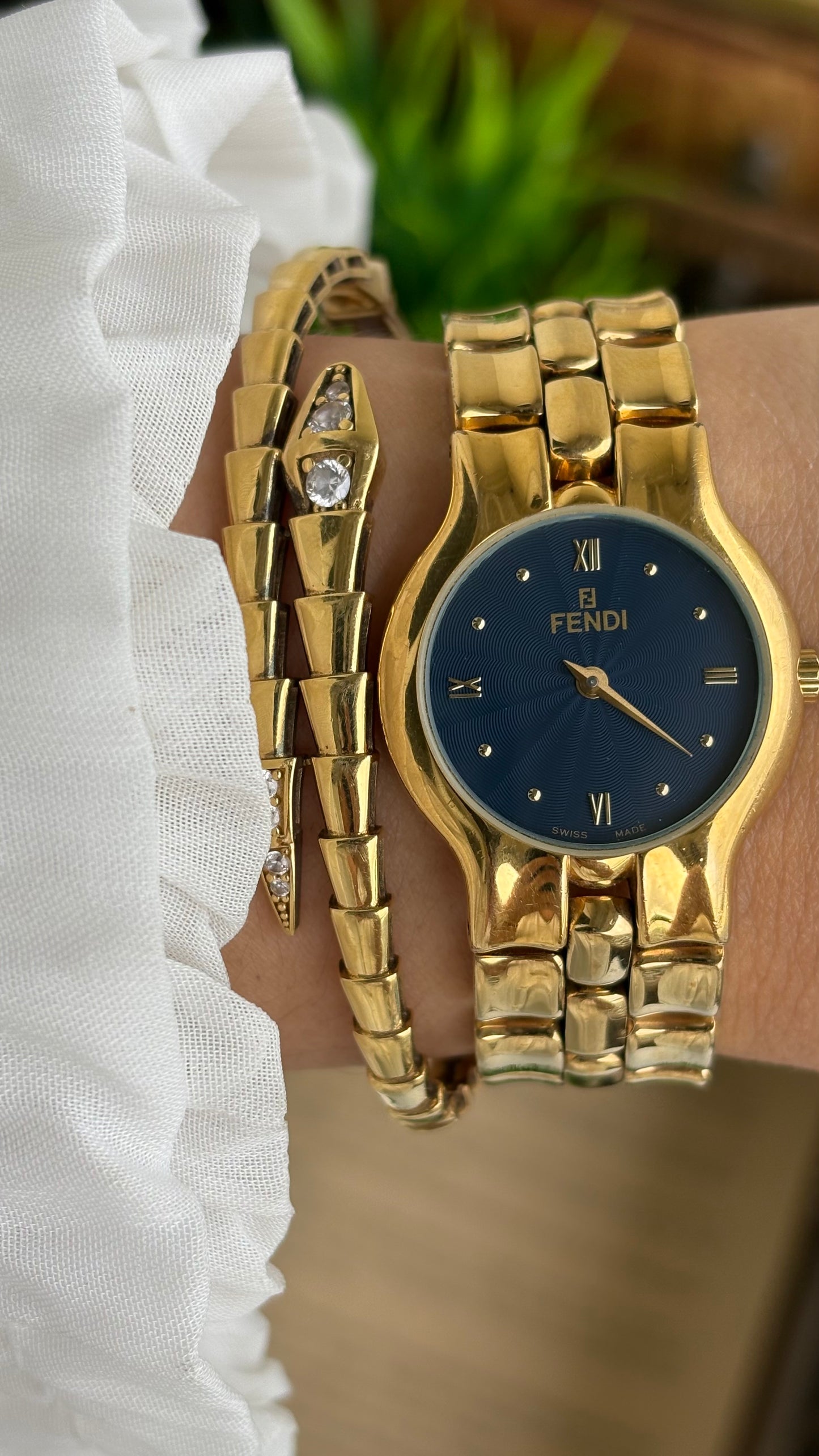 Vintage Fendi Watch in Gold Tone Midnight Blue Dial Gold Filled