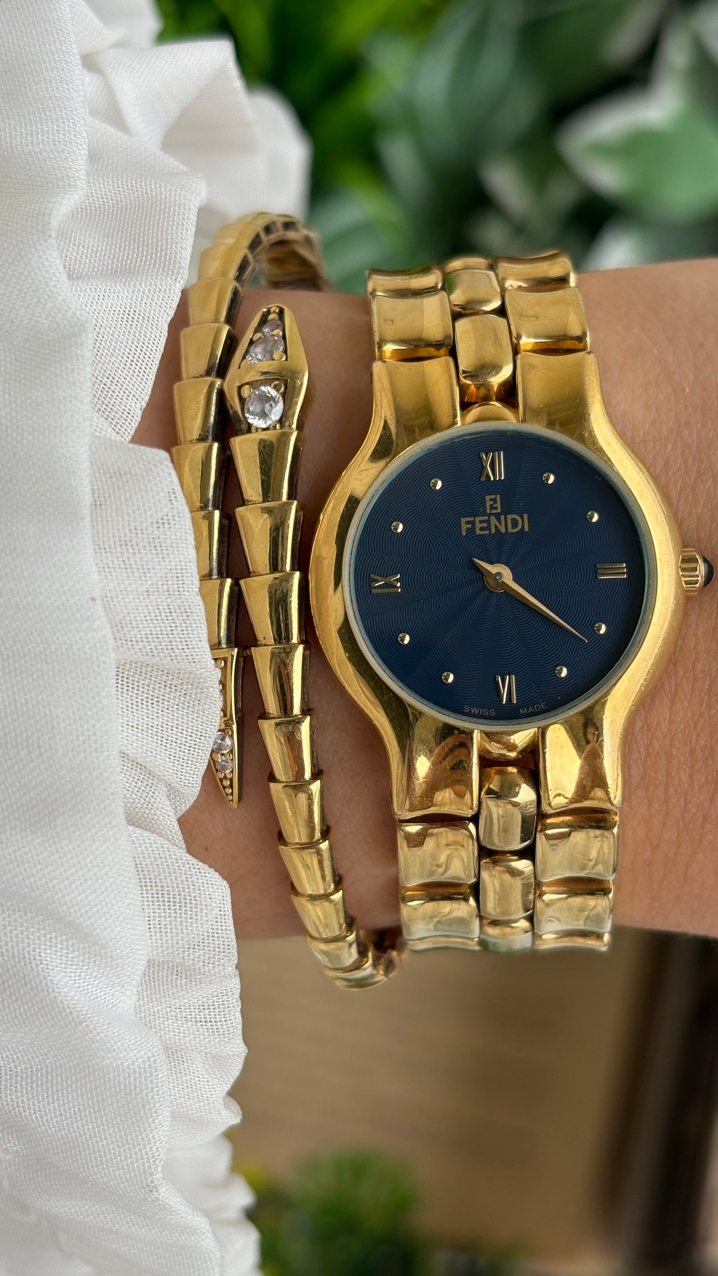 Vintage Fendi Watch in Gold Tone Midnight Blue Dial Gold Filled